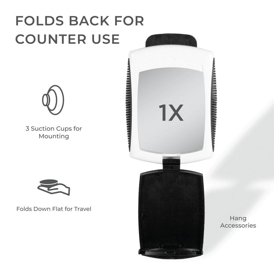 FOLDS BACK FOR COUNTER USE

3 Suction Cups for Mounting

1X

Folds Down Flat for Travel

Hang Accessories