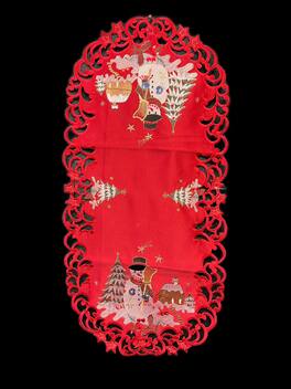 Jiallo - Snow Man Embroidered Cutwork Rectangular Table Runner, 15 by 43 inch Table Linen - Red