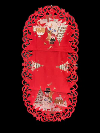 Front. Jiallo - Snow Man Embroidered Cutwork Rectangular Table Runner, 15 by 70 inch Table Linen - Red.