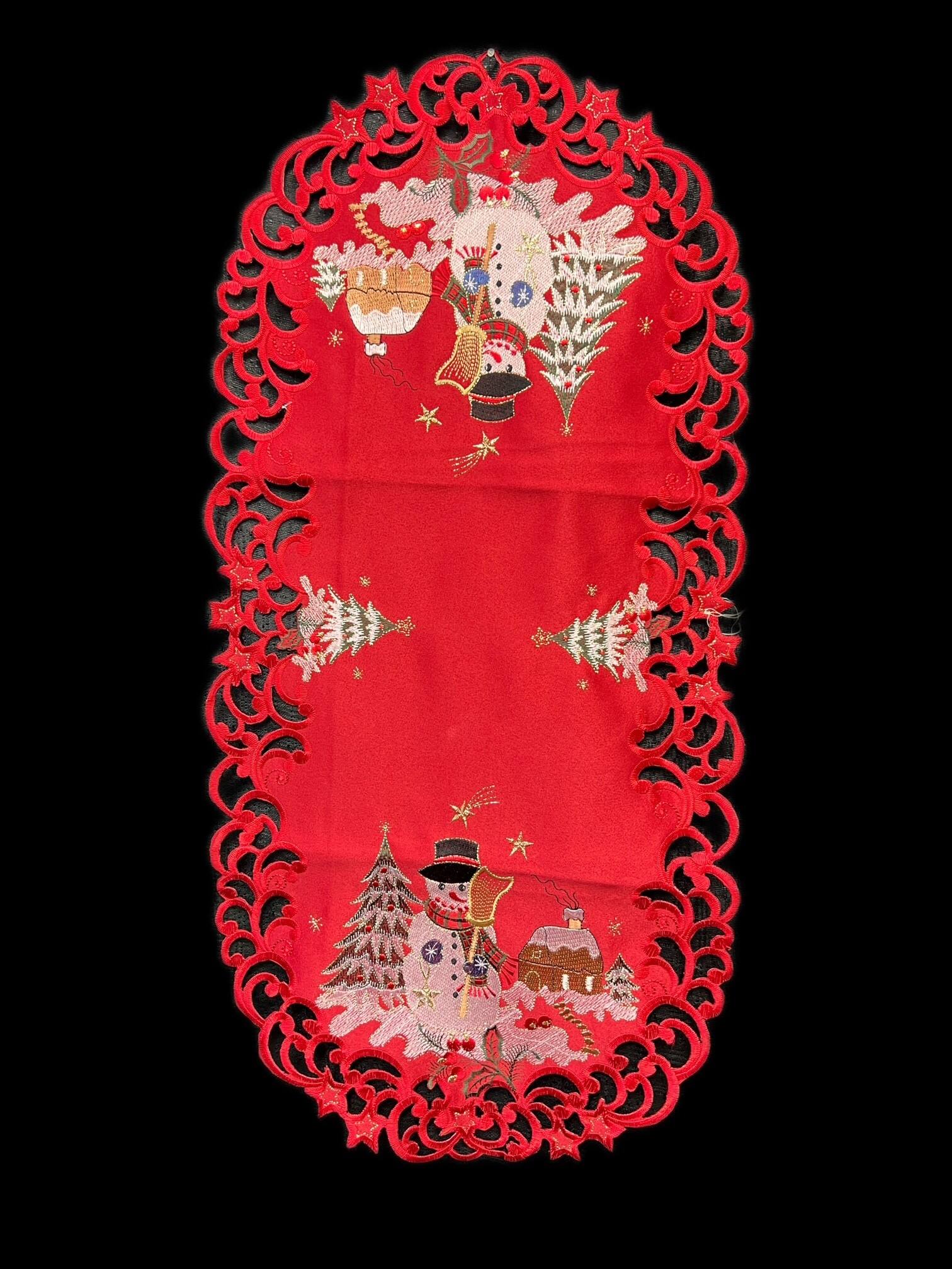 Front. Jiallo - Snow Man Embroidered Cutwork Rectangular Table Runner, 15 by 43  inch Table Linen - Red.