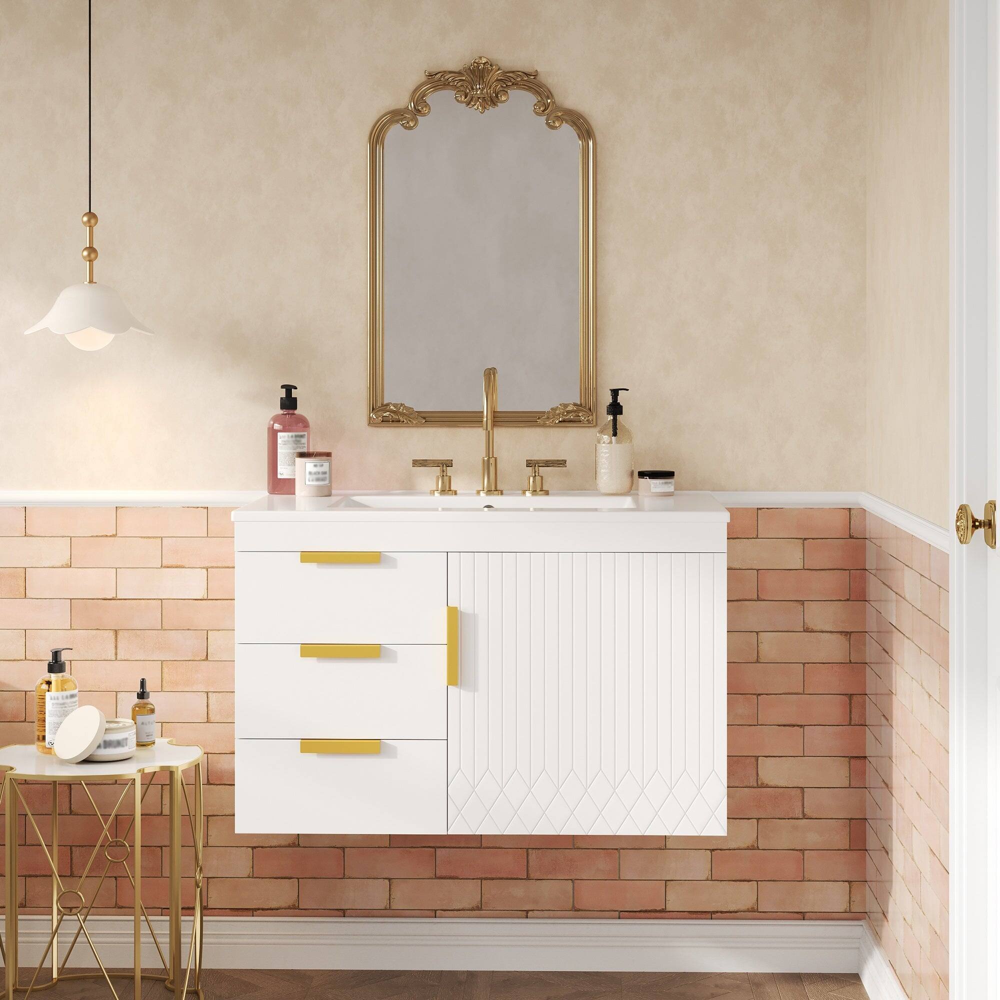 Alt View 4. Boyel Living - 30 Inch Wall Mounted Bathroom Vanity with Ceramic Sink and Drawers White - White.