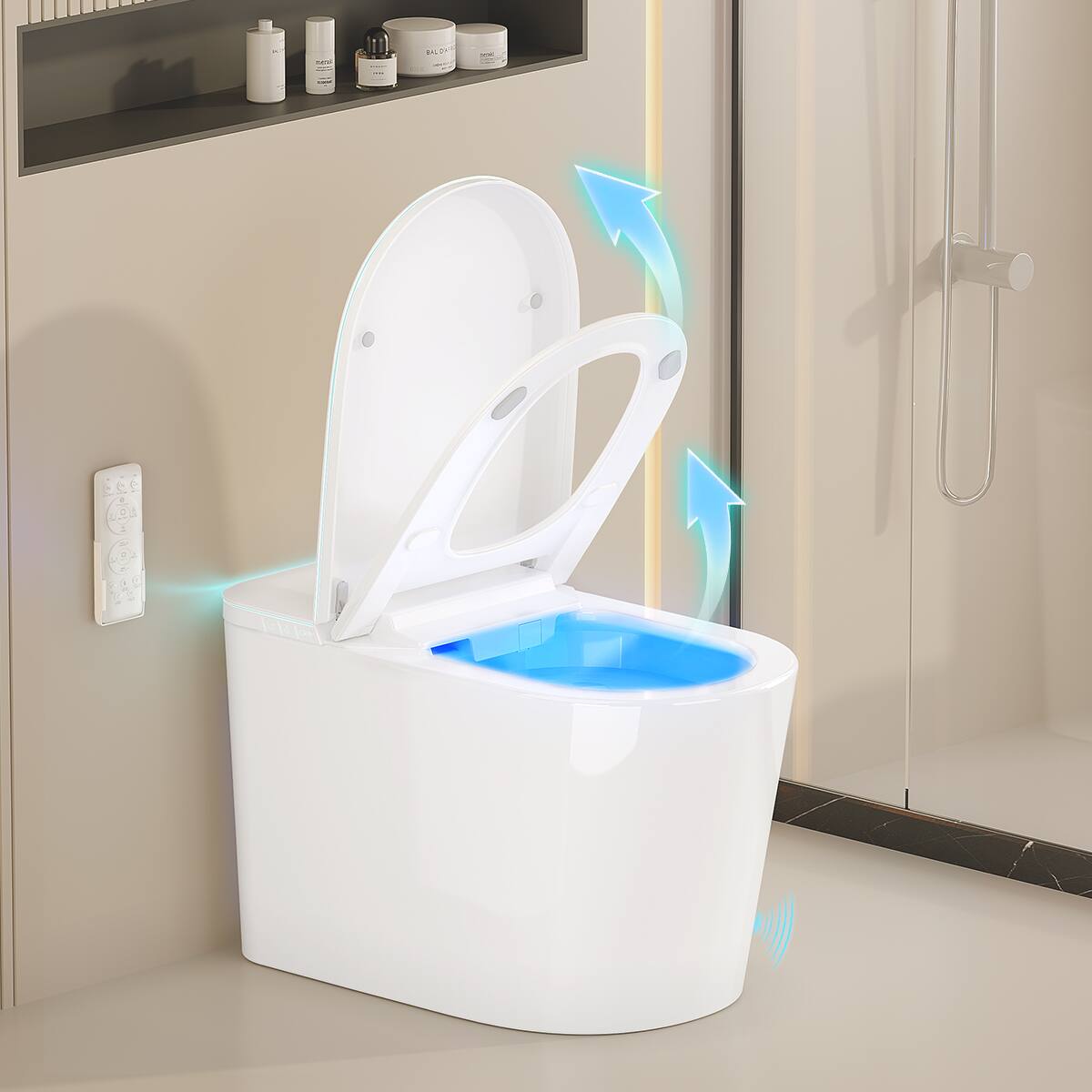 Angle. Dyonery - Smart Toilet with Heated Seat and Night Light, Modern Tankless One Piece Toilets, Dryer, Foot Sensor, Auto Lid - White.
