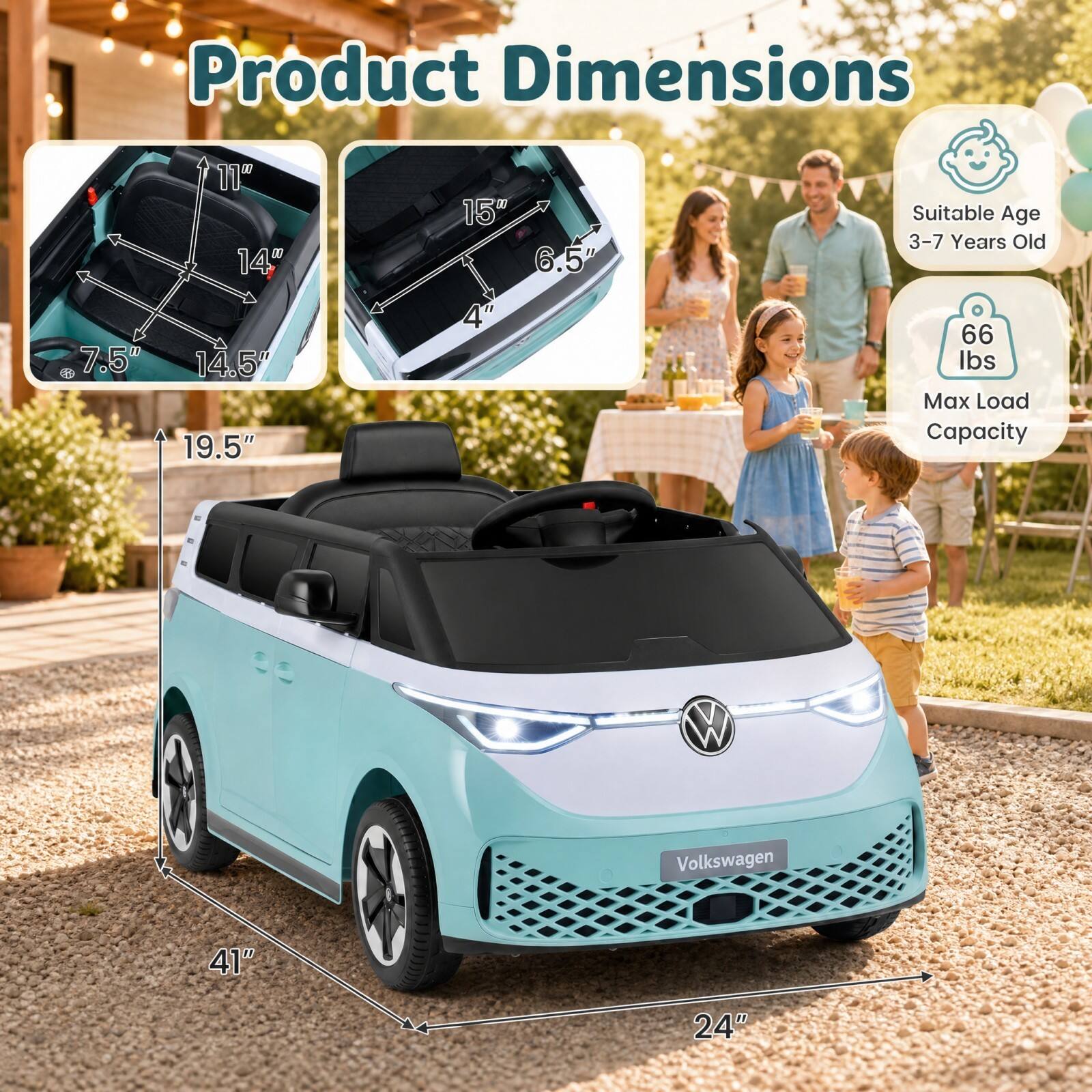 Product Dimensions
- 11" x 14"
- 15" x 6.5"
- 7.5" x 14.5" x 19.5"
- 41" x 24"

Suitable Age: 3-7 Years Old

Max Load Capacity: 66 lbs

Brand: Volkswagen
