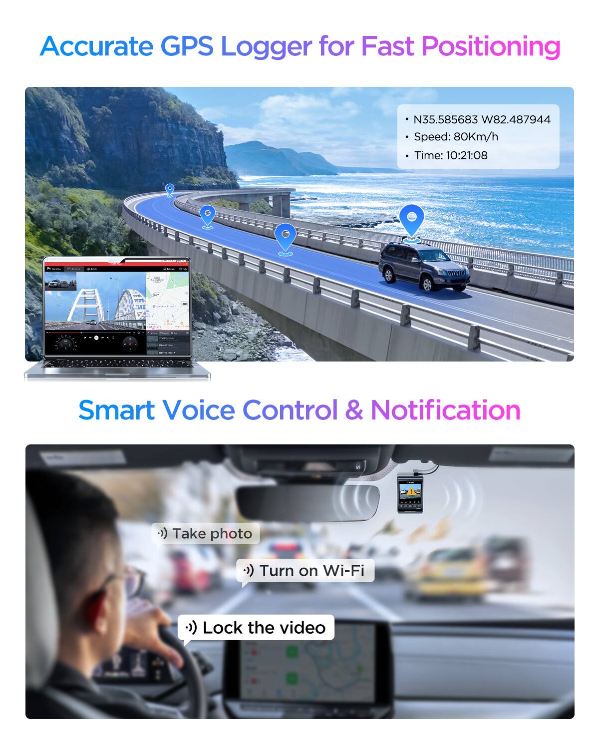 Accurate GPS Logger for Fast Positioning  
N35.585683 W82.487944  
Speed: 80Km/h  
Time: 10:21:08  

Smart Voice Control & Notification  
Take photo  
Turn on Wi-Fi  
Lock the video