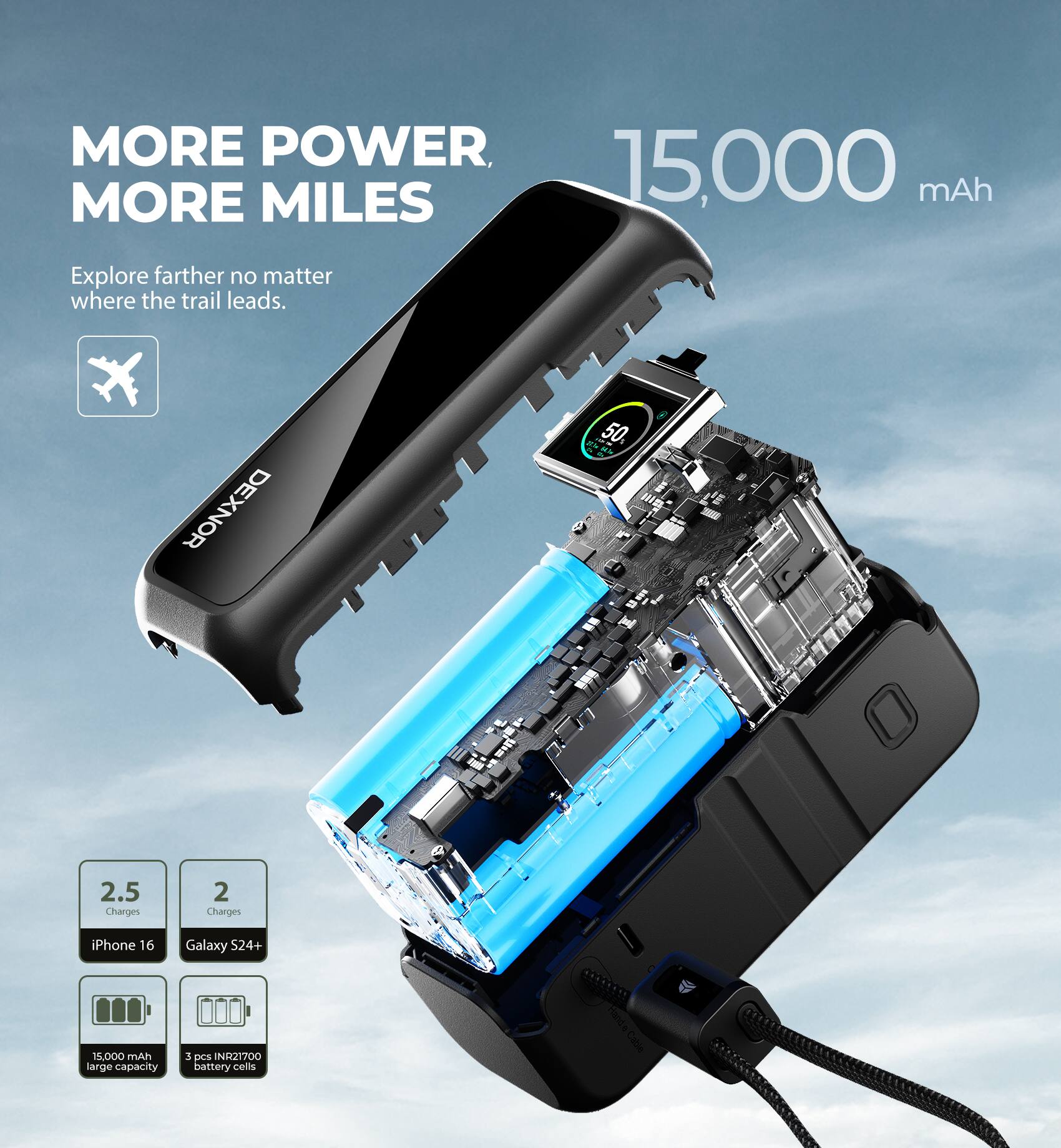 MORE POWER, MORE MILES

Explore farther no matter where the trail leads.

DEXNOR

15,000 mAh

2.5 Charges iPhone 16

2 Charges Galaxy S24+

15,000 mAh large capacity

3 pcs INR21700 battery cells