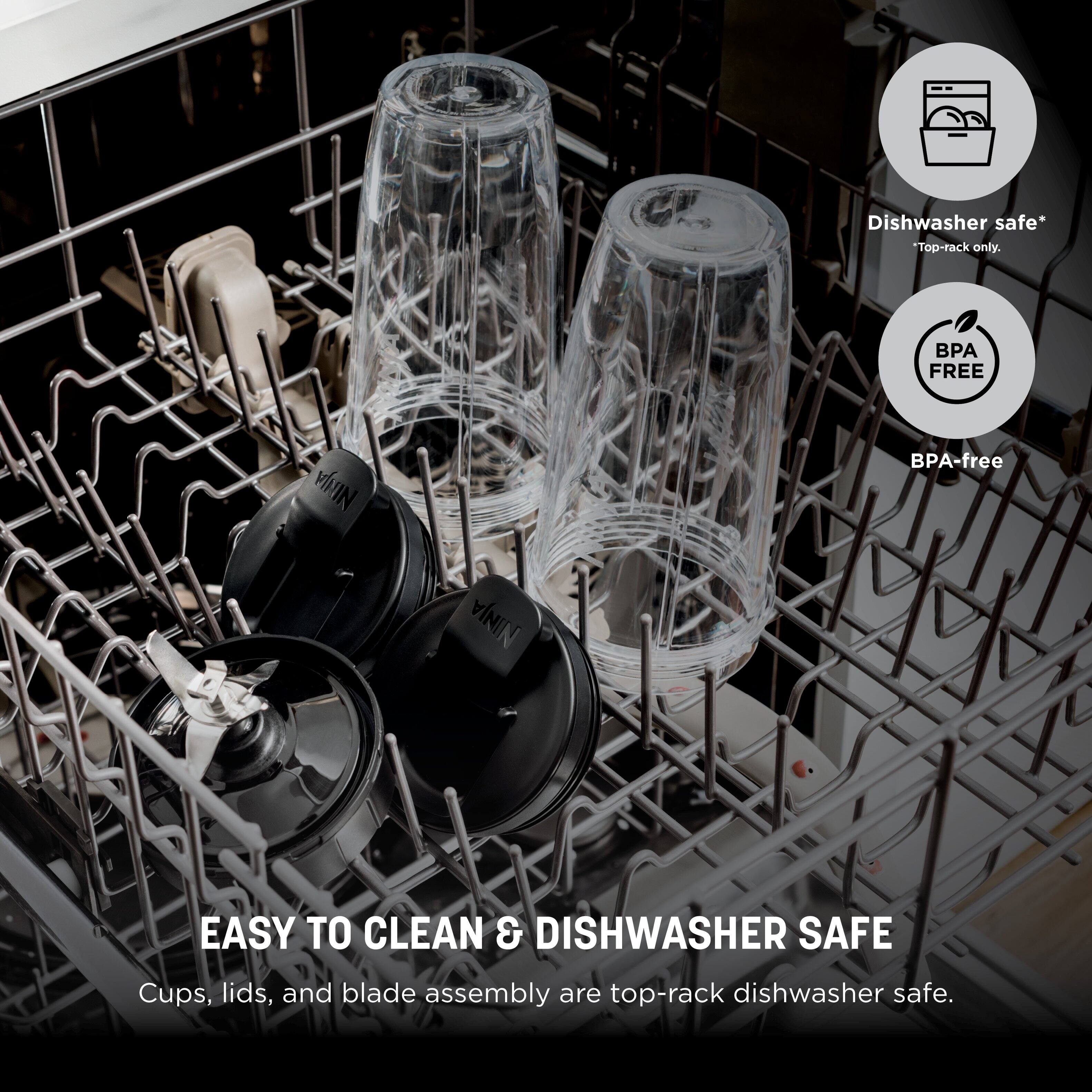 Dishwasher safe* *Top-rack only. BPA FREE NINA BPA-free NINJA EASY TO CLEAN & DISHWASHER SAFE Cups, lids, and blade assembly are top-rack dishwasher safe.