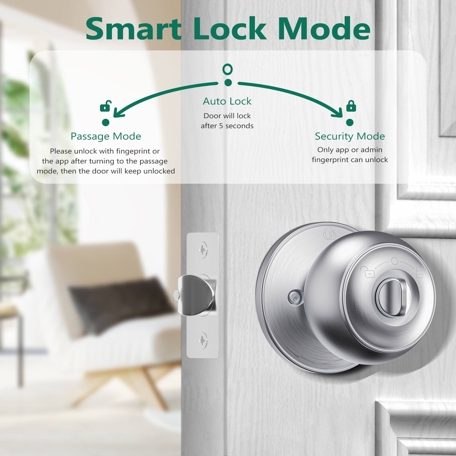 Smart Lock Mode

Passage Mode  
Please unlock with fingerprint or the app after turning to the passage mode, then the door will keep unlocked

Auto Lock  
Door will lock after 5 seconds

Security Mode  
Only app or admin fingerprint can unlock