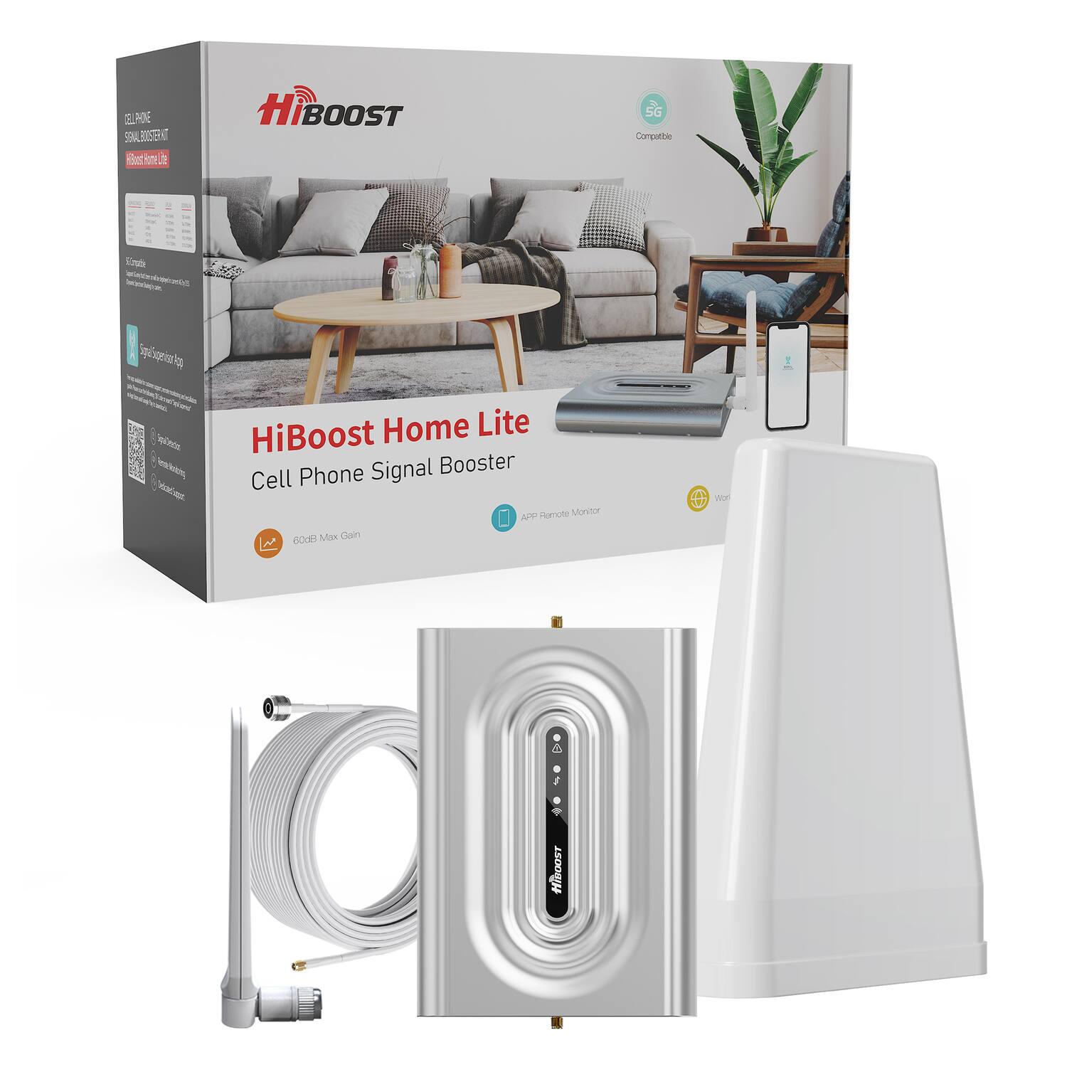 HiBoost Home Lite Cell Phone Signal Booster

- 5G Compatible
- 60dB Max Gain
- Remote Monitor
- Smart Setup App
- 3 ELADE SOMLBOSTERAT Hothone. HiBOOST SG Conpotbie 10 Snt -c Sa nothingtocibe SqSpit to odee knsken acee HiBoost Home Lite Phone Signal Booster Cell PP nancte Montar M Fde Max cean P eor I HibOoST
