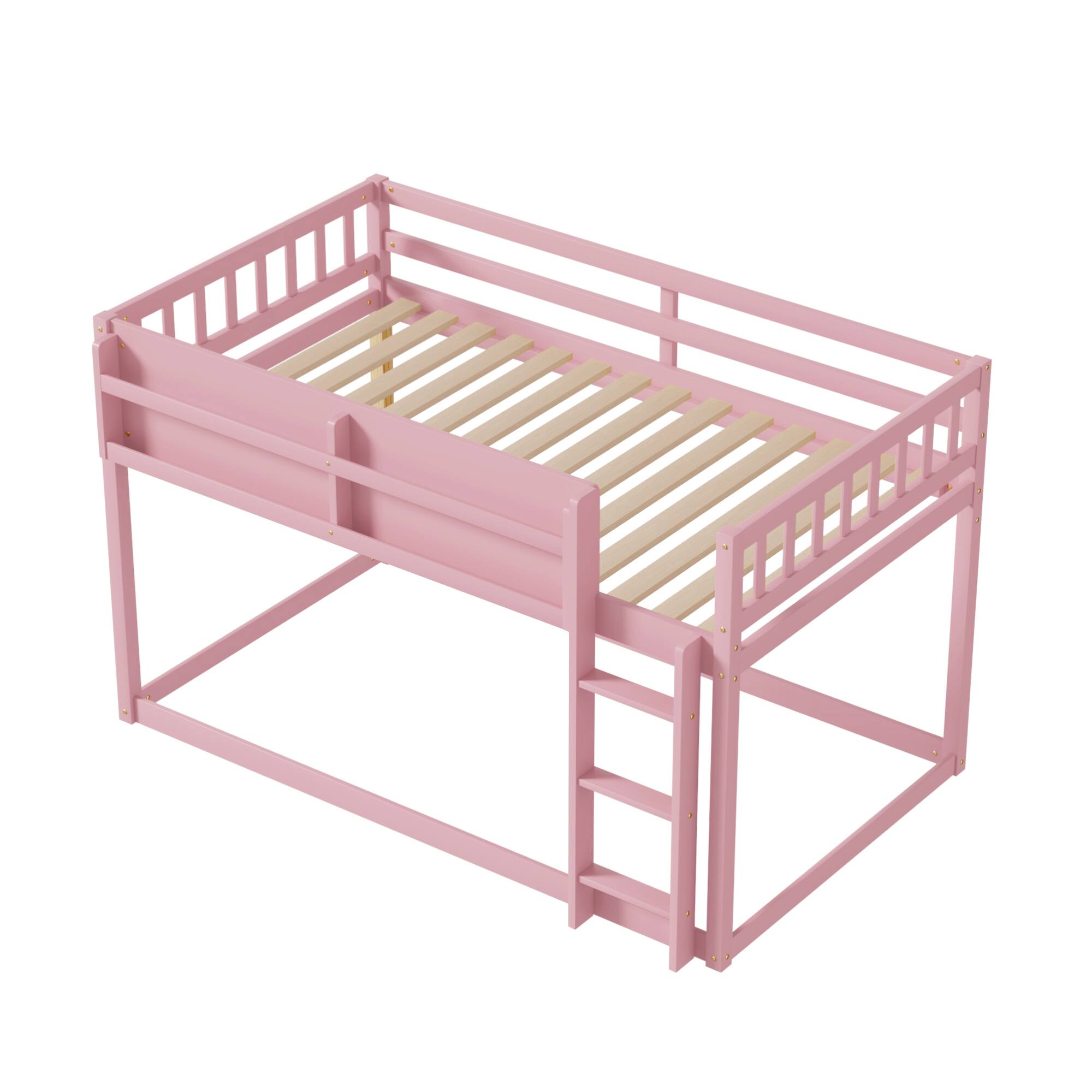 Alt View 7. GOODSILO - Low Twin Over Twin Solid Wood Bunk Bed with Ladder for Kids and Juniors - Pink.