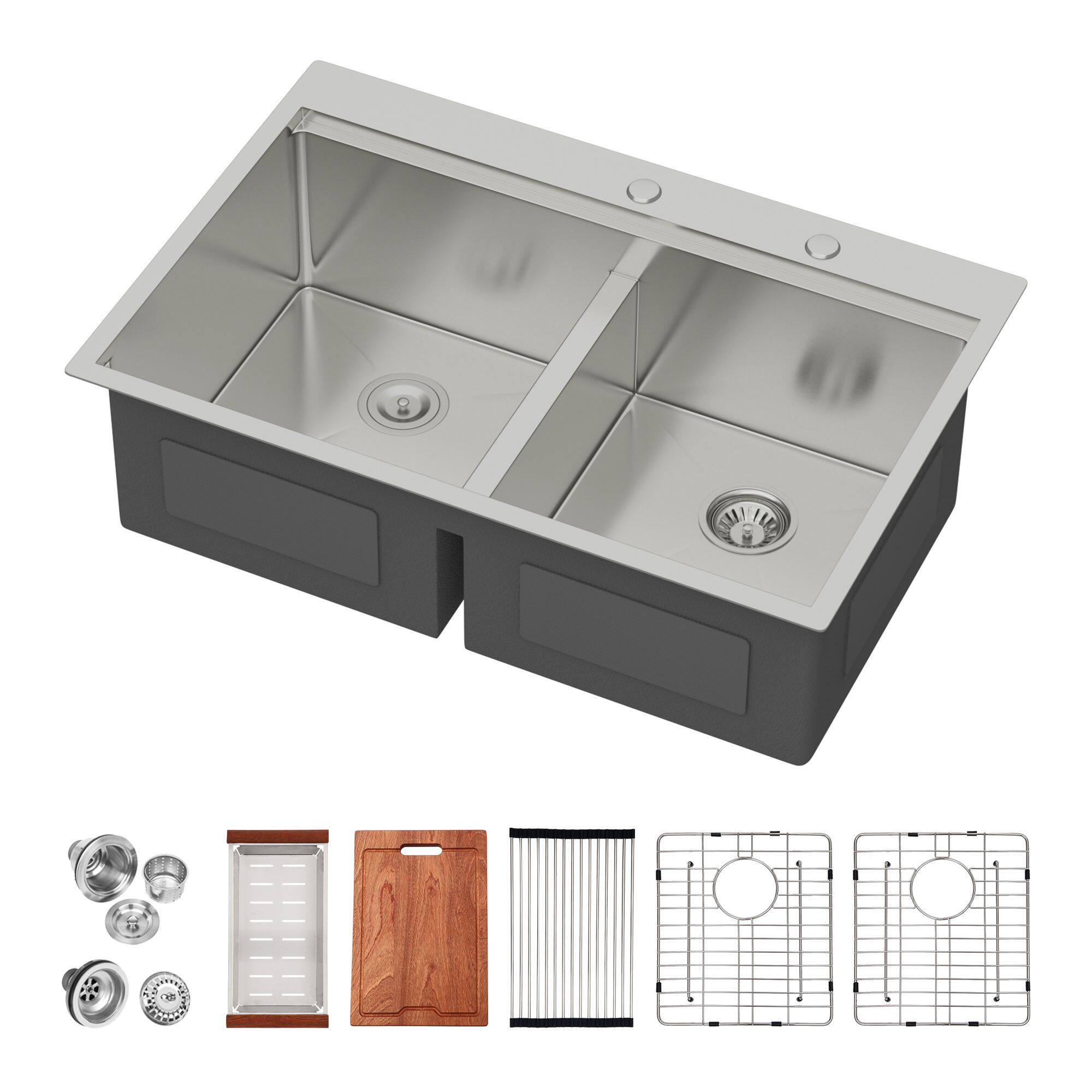 Front. Lordear - 36"x 22" x 10" Double Bowl (50/50)Topmount Drop in Kitchen Sink 16 Gauge with Two 10" Deep Basin - Stainless steel.
