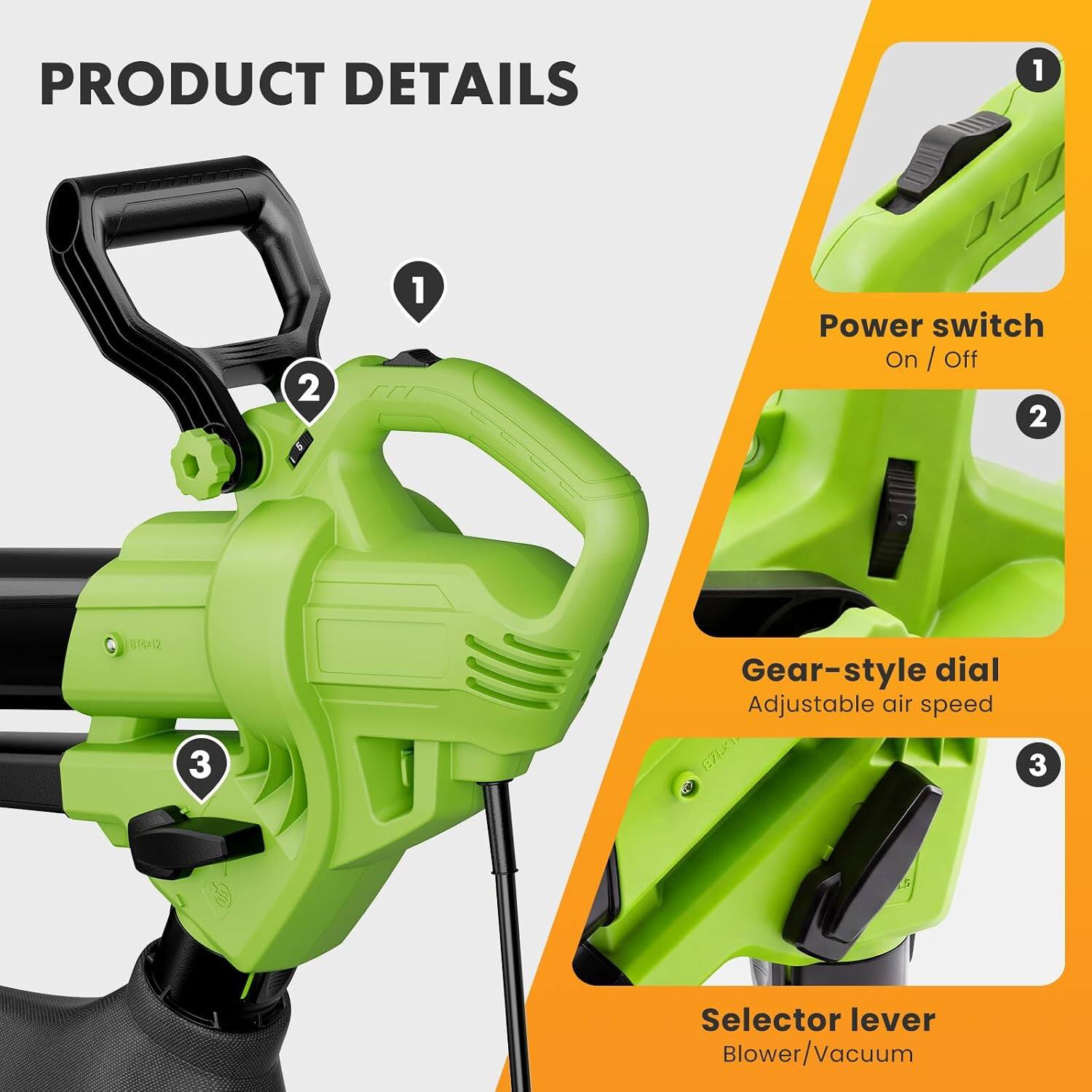 PRODUCT DETAILS
1. Power switch On / Off
2. Gear-style dial Adjustable air speed
3. Selector lever Blower/Vacuum