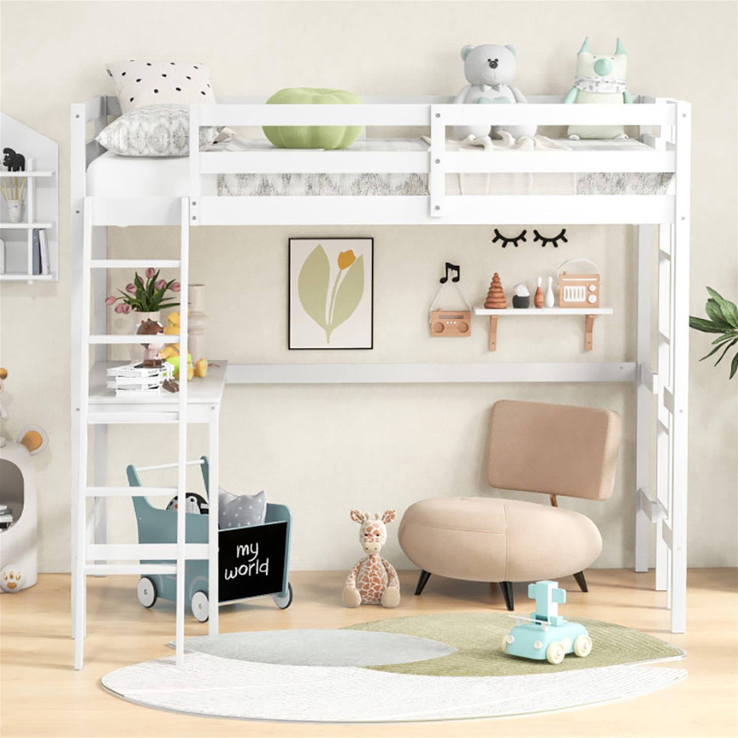 Angle. Pefilos - Loft Bed Twin Size, Solid Wood Loft Bed with Desk Angled and Built-in Ladder, Modern Wooden Playhouse Bed Frame, White - White.