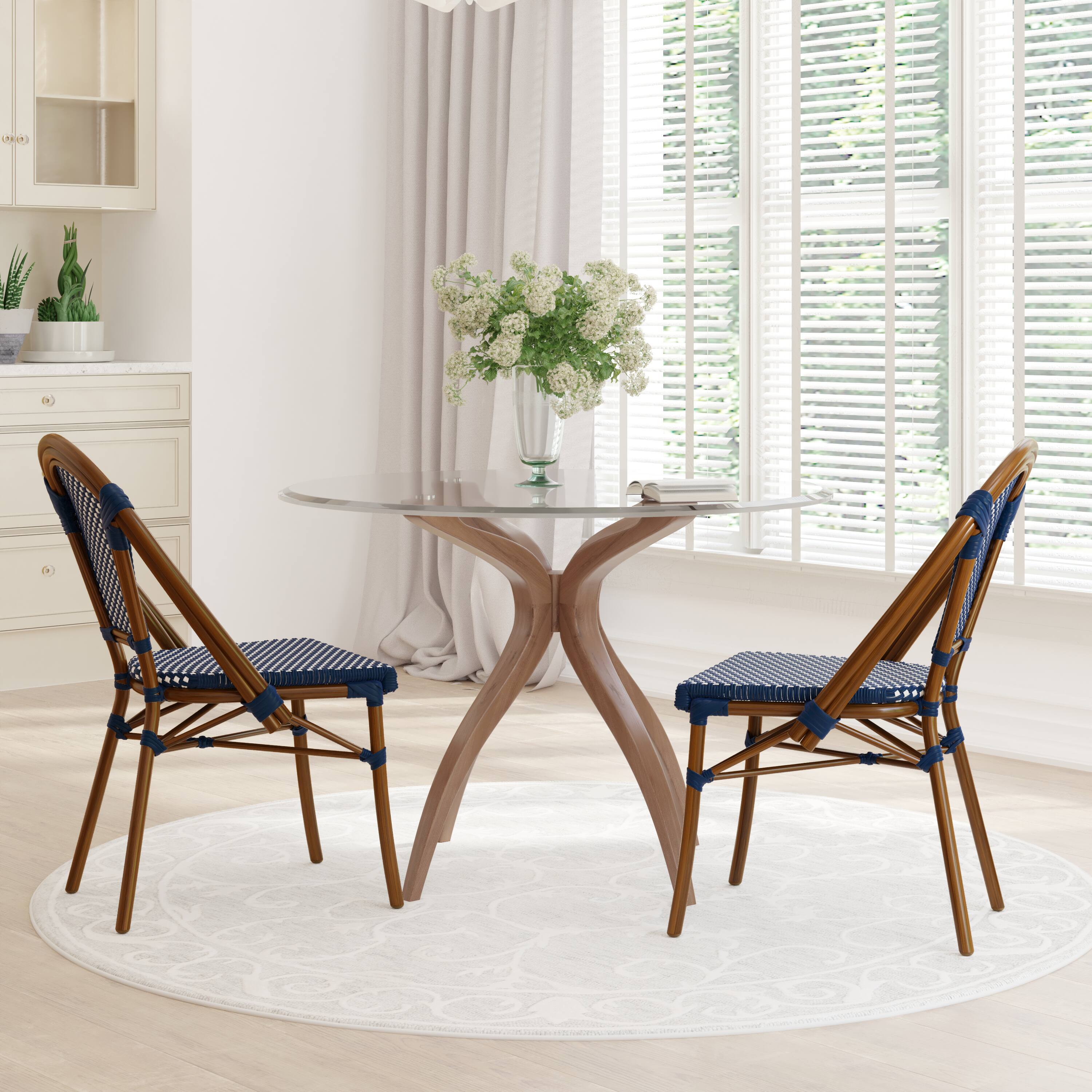 Alt View 2. Emma + Oliver - Soie Stacking Bistro Chairs with PE Seat and Back and Aluminum Frame for Indoor/Outdoor Use - Navy & White/Natural Frame.