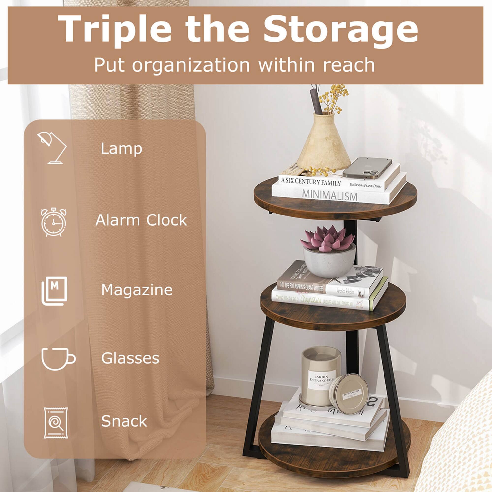 Triple the Storage: Put organization within reach.
The image features a wooden shelf with a variety of items on it, including a lamp, alarm clock, books, vases, and a bowl. The shelf is placed in a room with a window, and there is a bed nearby. The arrangement of the items on the shelf suggests that it is being used to store and organize various belongings, making the most of the available space.