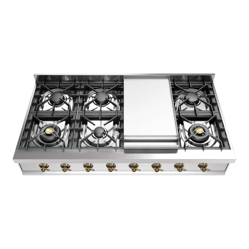 ILVE - Nostalgie II Series 48 in. Gas Rangetop with 8 Sealed Burners + Griddle (Liquid Propane, Brass Trim) - Stainless Steel