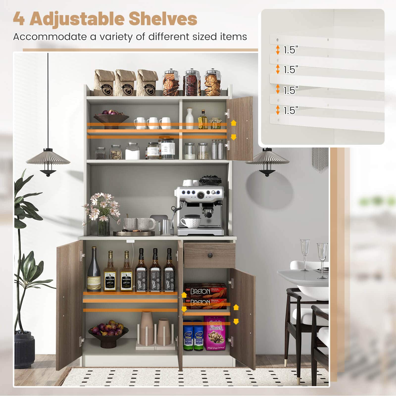 4 Adjustable Shelves accommodate a variety of different sized items. The shelves are 1.5" in size, with each shelf being 1.5" in height. The shelves are designed to hold various items, making them a versatile storage solution for different needs.