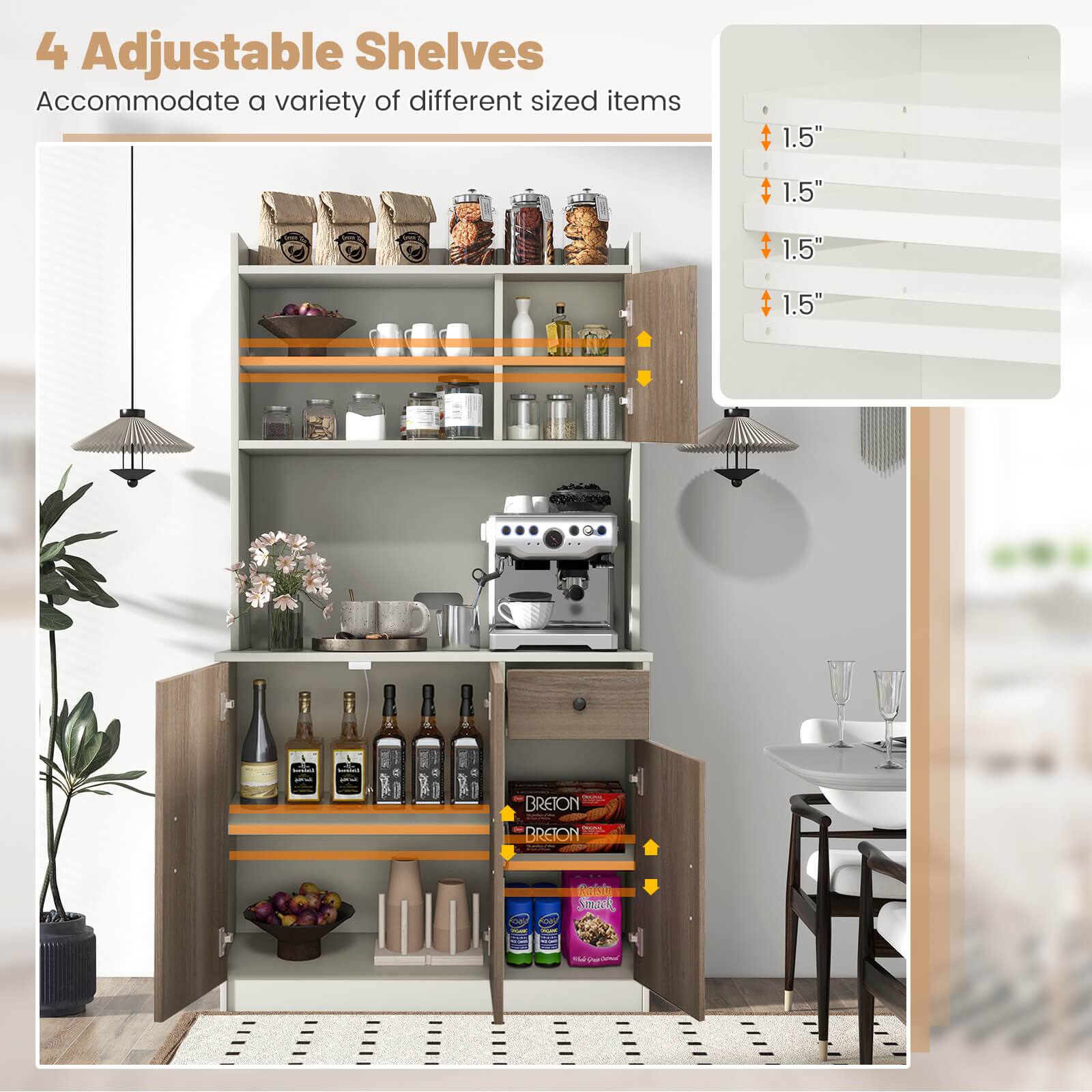 4 Adjustable Shelves accommodate a variety of different sized items. The shelves are 1.5" in size, with each shelf being 1.5" in height. The shelves are designed to hold various items, making them a versatile storage solution for different needs.