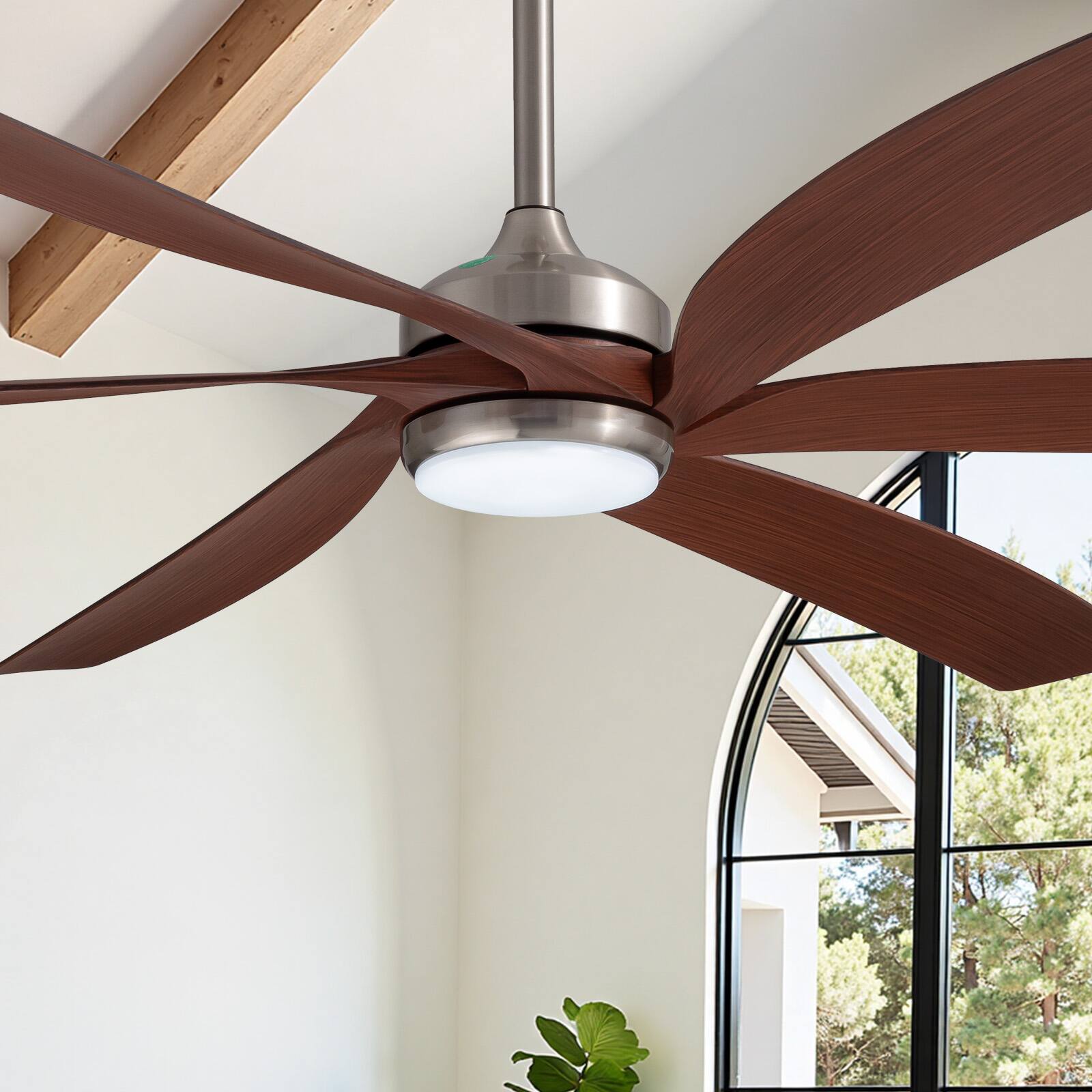 Angle. Siljoy - 64" Modern Silent Ceiling Fan, Reversible DC Motor, 6 Speeds, Timer, Natural Wind, Remote & APP Control, Indoor Outdoor - Brushed Nickel.