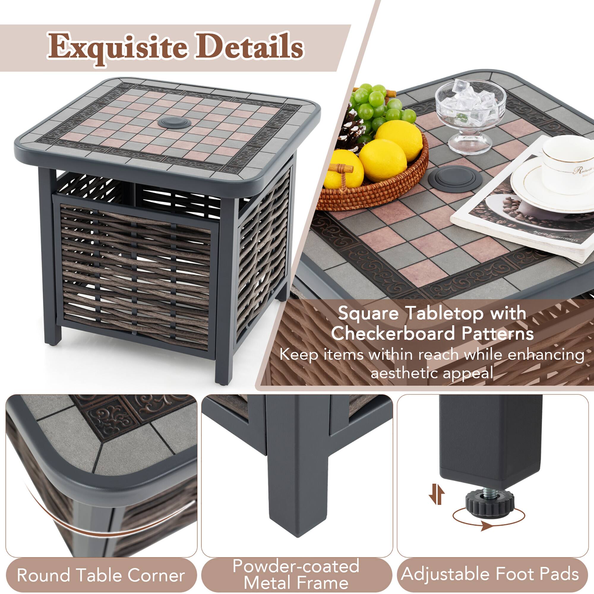 Exquisite Details

Square Tabletop with Checkerboard Patterns  
Keep items within reach while enhancing aesthetic appeal

Round Table Corner  
Powder-coated Metal Frame  
Adjustable Foot Pads