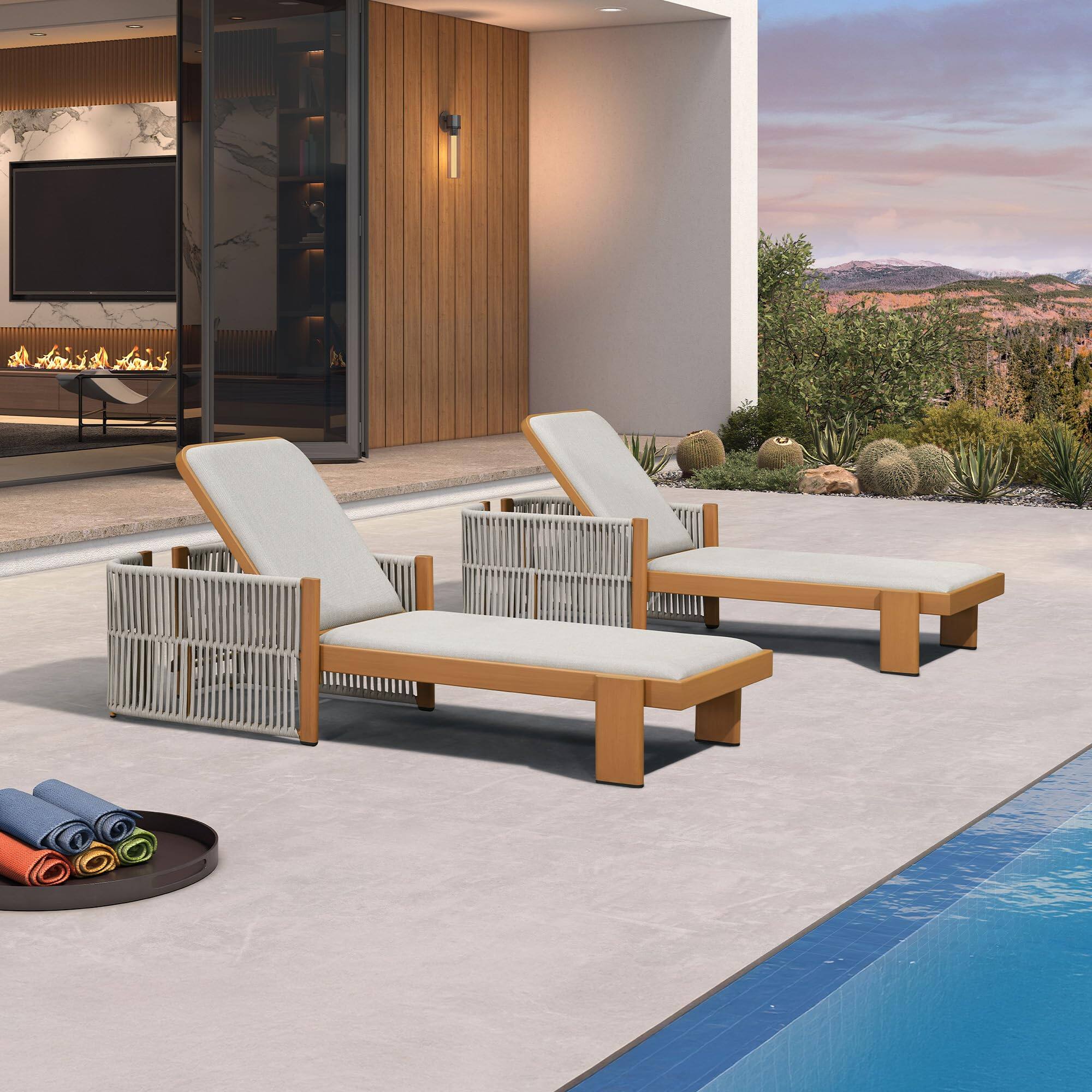 Front. PURPLE LEAF - Outdoor Chaise Lounge with Wraparound Armrests and Cushion Aluminum Reclining Tanning Pool Lounge Chairs - Natural Teak.