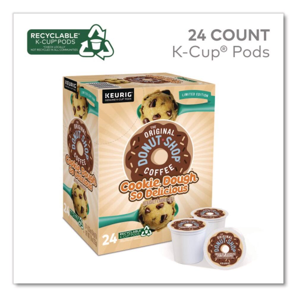 RECYCLABLE K-CUP PODS  
CHECK LOCALLY NOT RECYCLED IN ALL COMMUNITIES  

24 COUNT K-Cup® Pods  

KEURIG  
GENUINE K-CUP PODS  

LIMITED EDITION  
THE ORIGINAL DONUT SHOP  

COFFEE  
Cookie Dough So Delicious  

24 COUNT K-CUP PODS