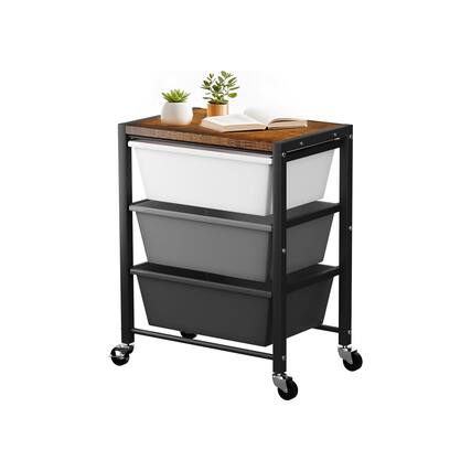 Front. JETRANSPORT - Rolling Cart With 5 Drawers Plastic Drawer Storage Carts Wheels & Wooden Tabletop Metal Utility - Dark Grey 3-Drawer.