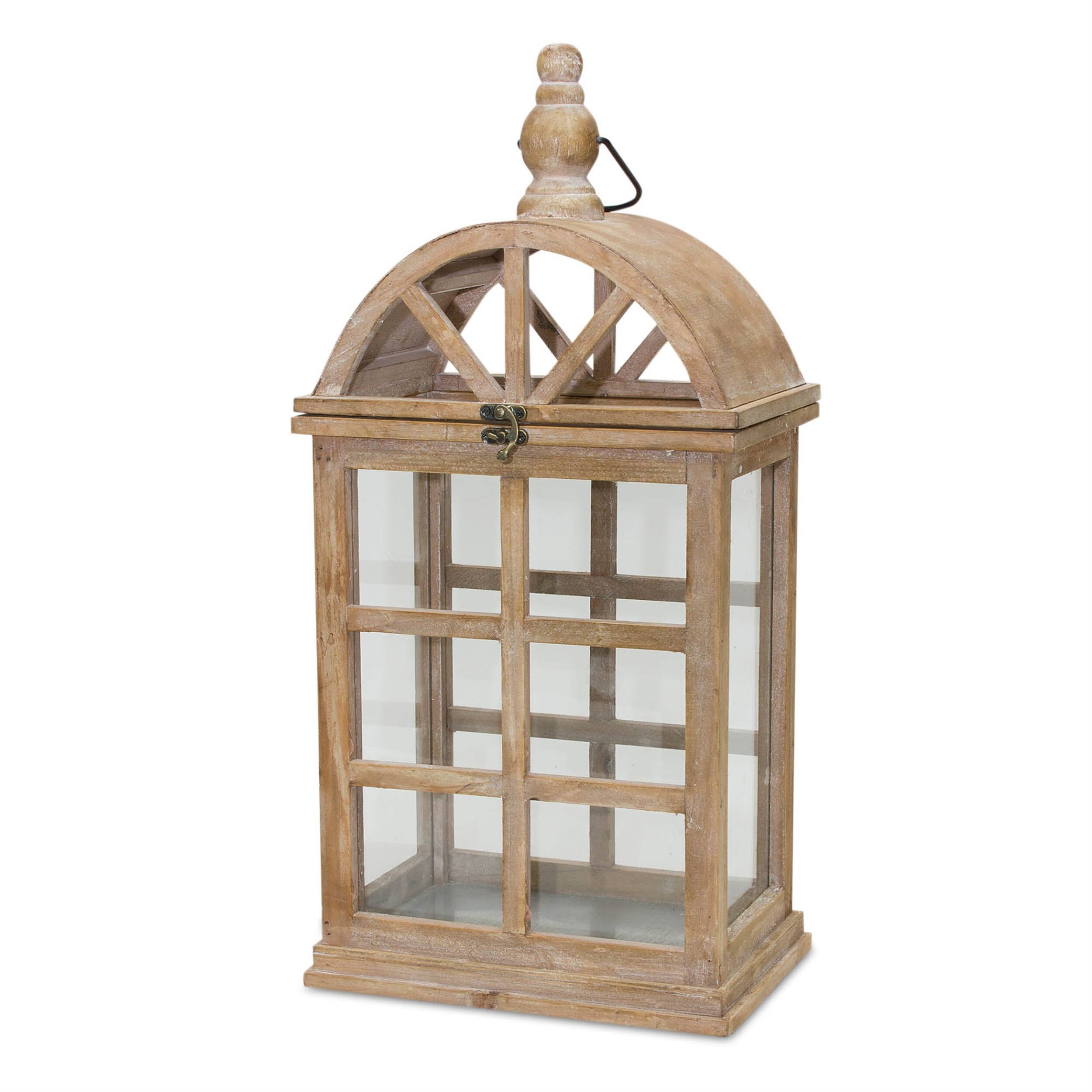 Left. BreeBe - Natural Wooden Lantern with Curved Top (Set of 2) - Brown, White, Silver.