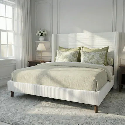 Front. Vipbear - Queen Size Bed Frame with 56" Wingback Headboard, Upholstered Platform Bed, No Box Spring Needed - beige.