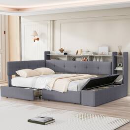 Whisen - Upholstered Daybed with Storage Drawers, LED Light, USB Ports & Footstool - Gray