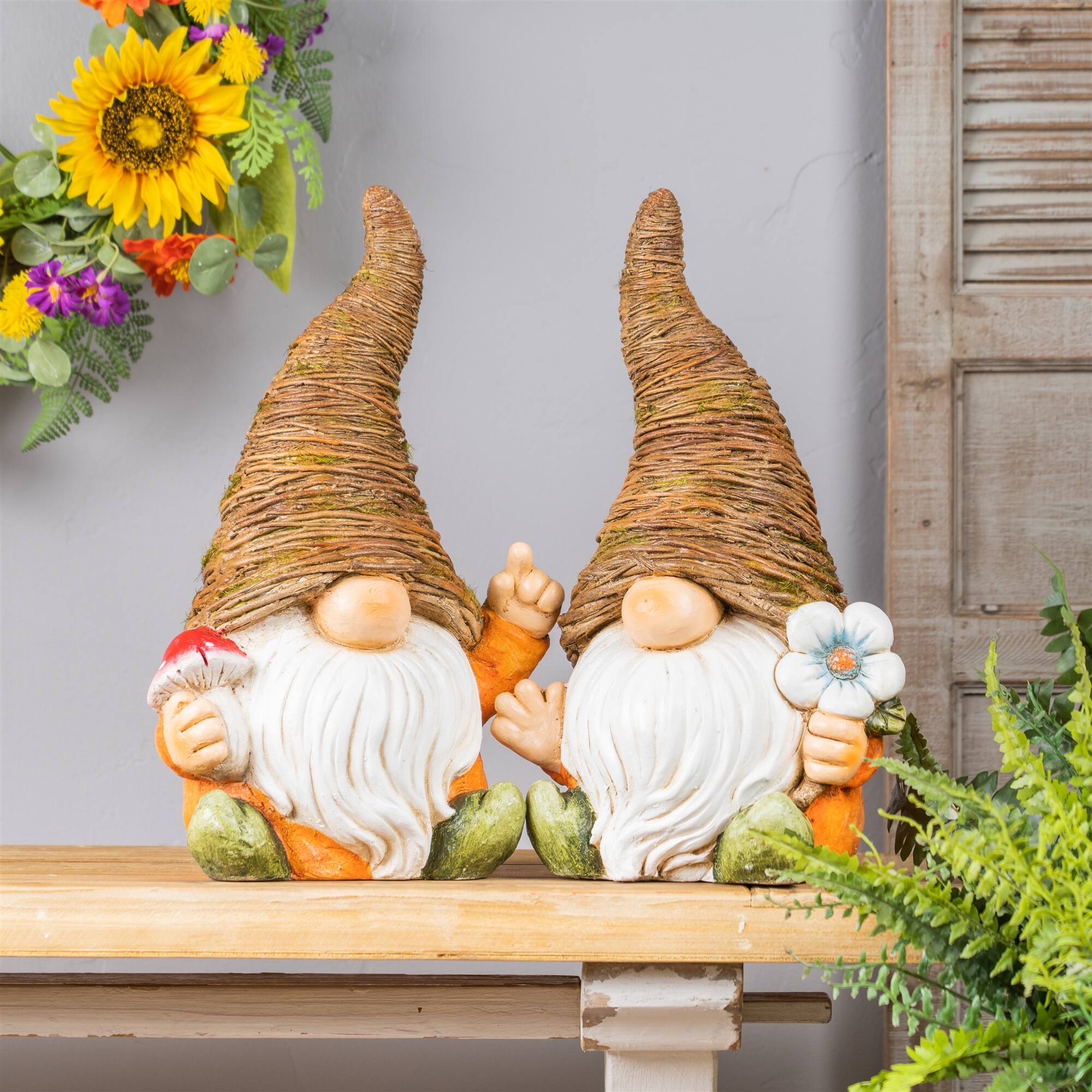 Angle. BreeBe - Distressed Garden Gnome Statue with Mushroom and Flower Accent (Set of 2) - Multicolor.