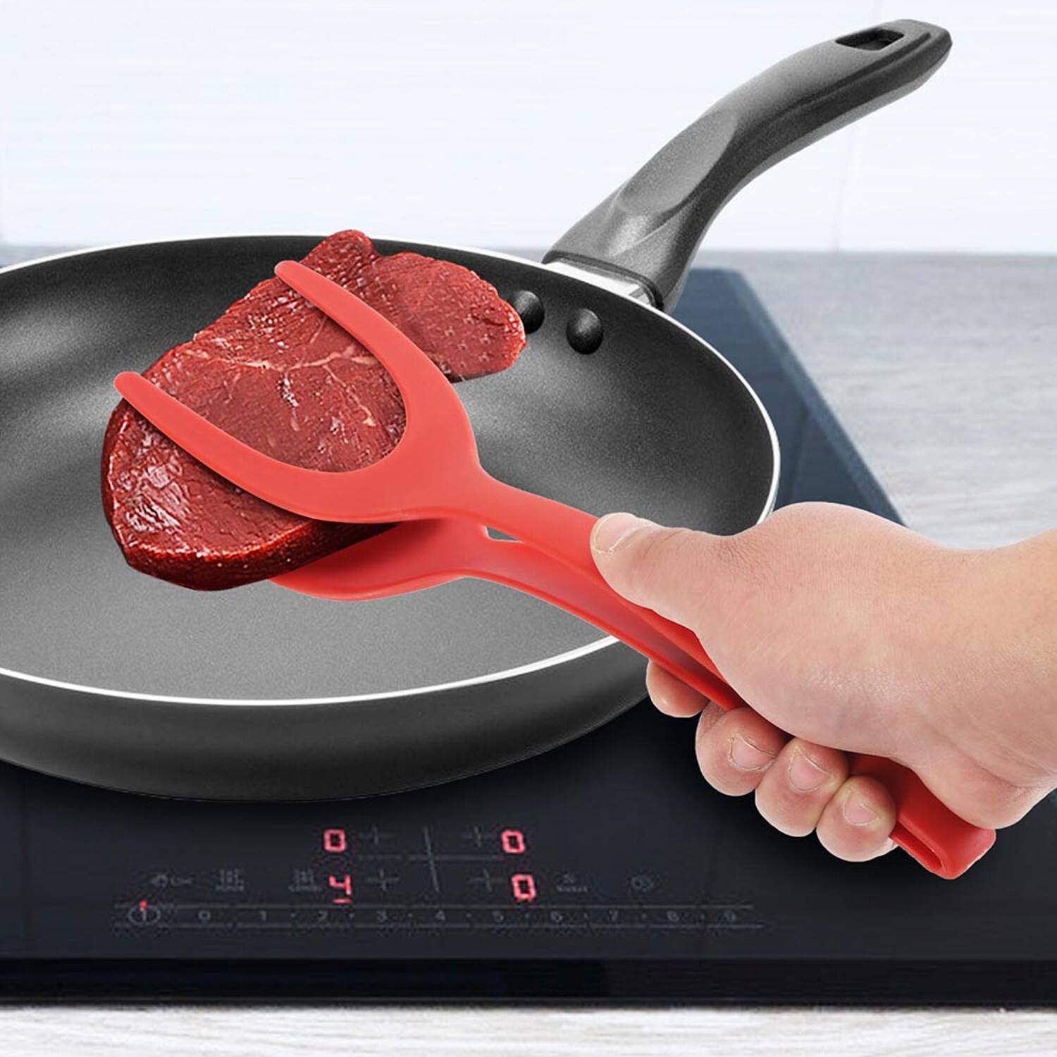 Angle. Giantpower - 2 in 1 Grip and Flip Spatula Tongs Egg Flipper Tong - Red - Red.