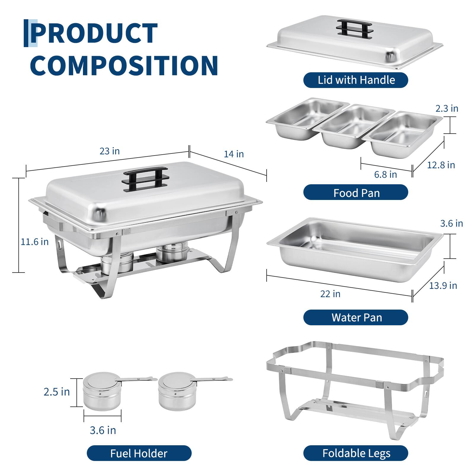 PRODUCT COMPOSITION

- Lid with Handle
  - 2.3 in
  - 23 in
  - 14 in
  - 6.8 in
  - 12.8 in

- Food Pan
  - 3.6 in
  - 11.6 in
  - 22 in
  - 13.9 in

- Water Pan
  - 2.5 in
  - 3.6 in

- Fuel Holder

- Foldable Legs