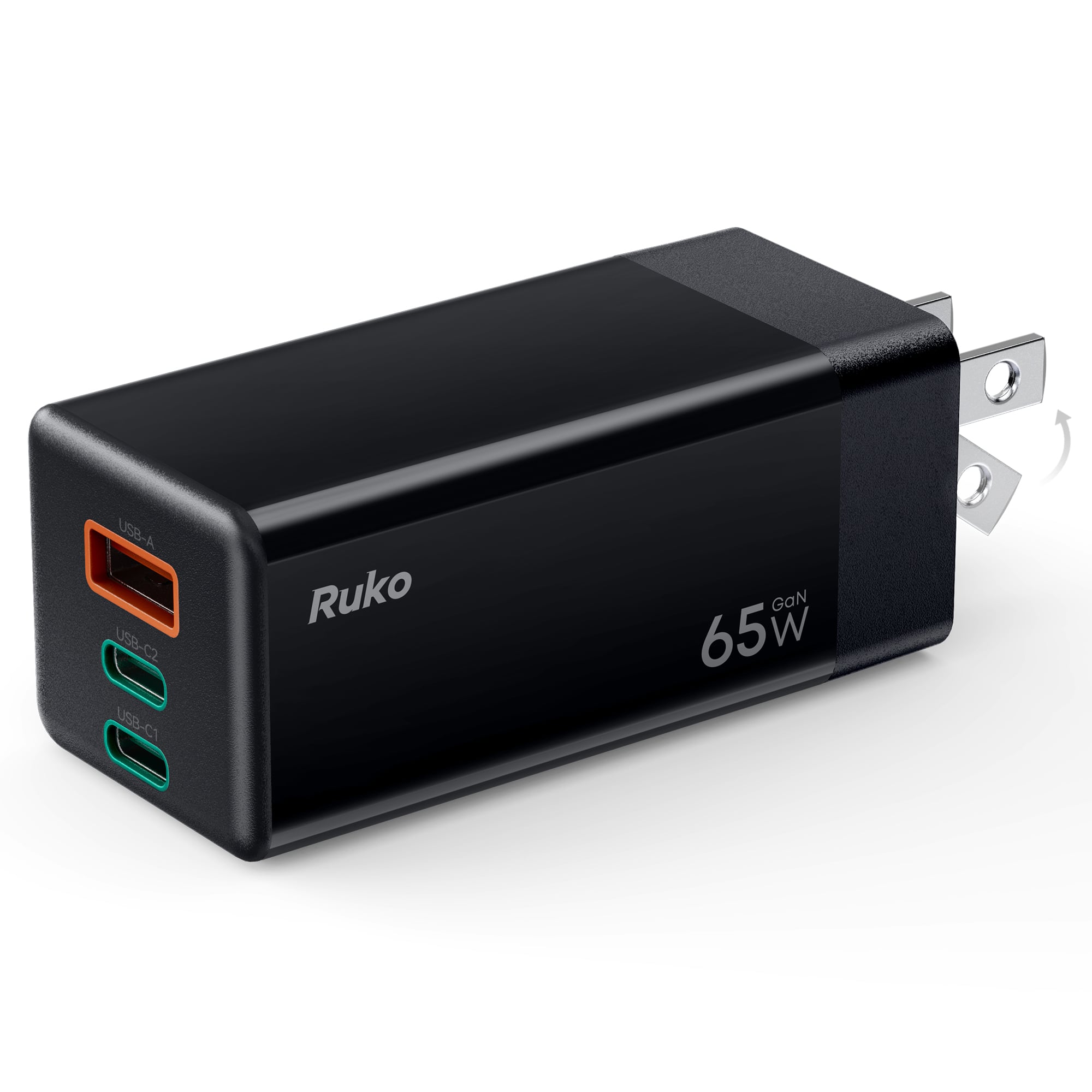 Ruko - PD65W USB C Charger, 3-Port GaN Fast Charger Block, Compact Foldable Wall Charger for iPhone 16 , Drone, Switch and More - Black