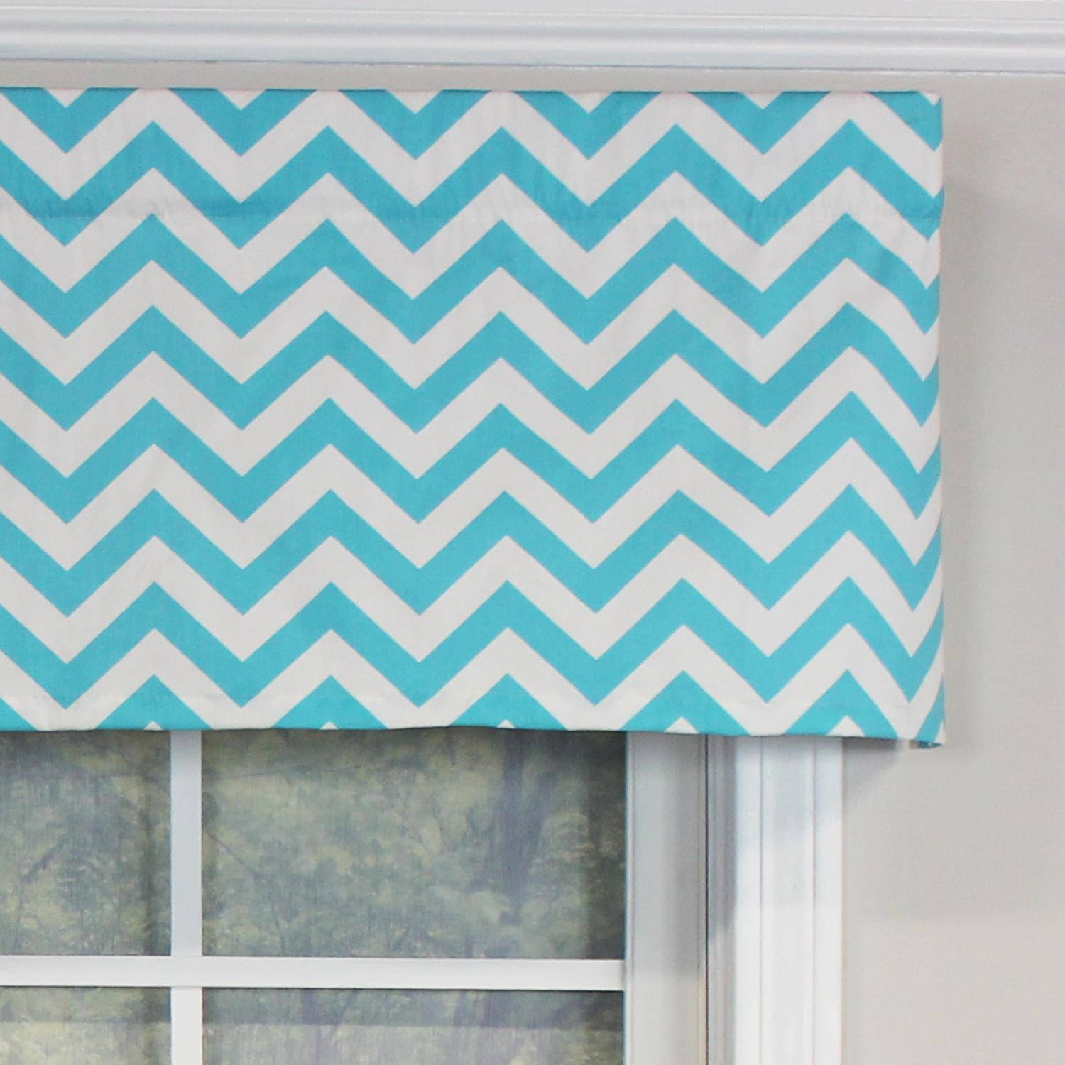 Left. RLF Home - RLF Home Zig-Zag Tailored 100% Cotton with Fully Lined 3" Rod Pocket Valnance for Windows 50" x 14" Ocean Blue - Ocean Blue.