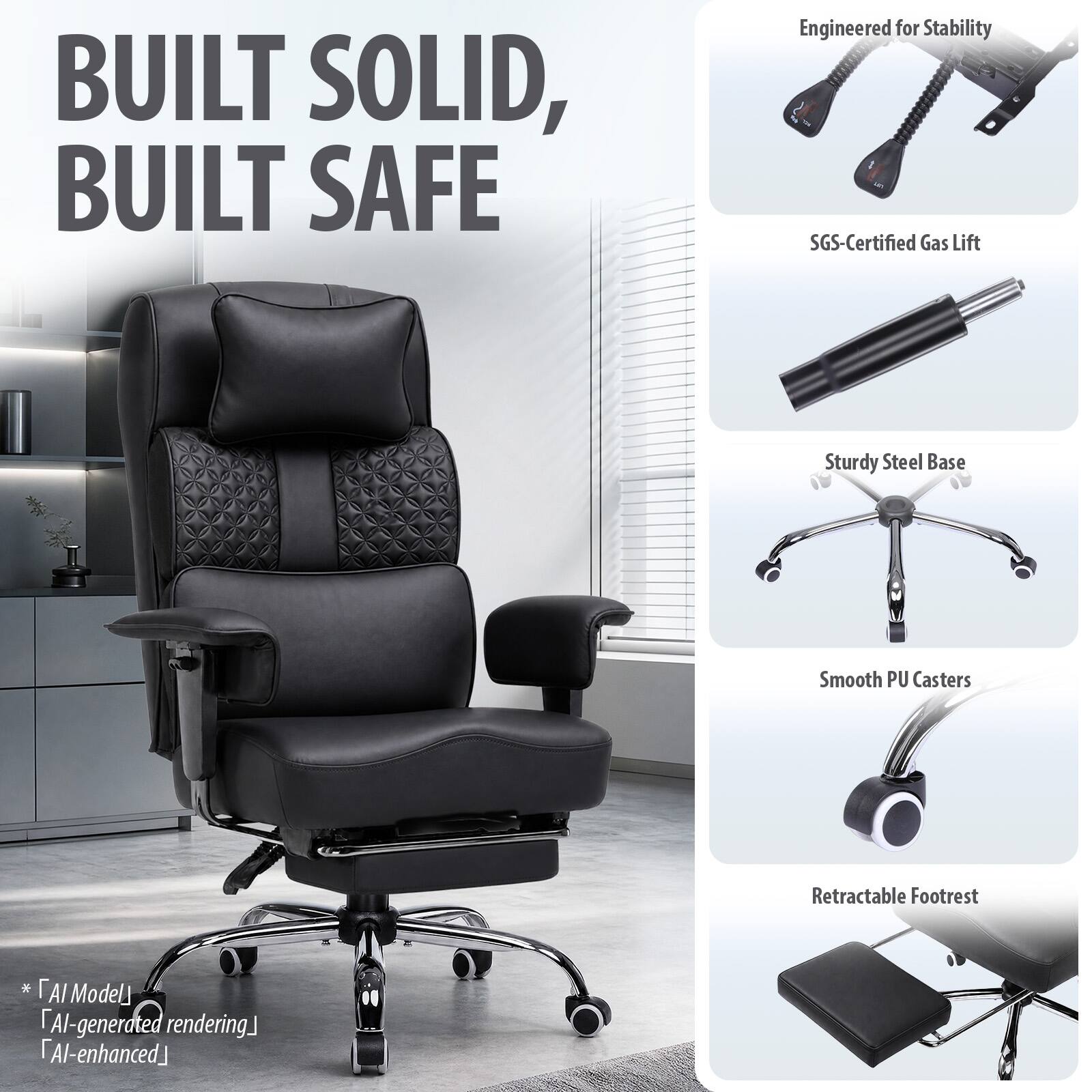 BUILT SOLID, BUILT SAFE

Engineered for Stability  
SGS-Certified Gas Lift  
Sturdy Steel Base  
Smooth PU Casters  
Retractable Footrest  

* AI Model  
"AI-generated rendering"  
"AI-enhanced"