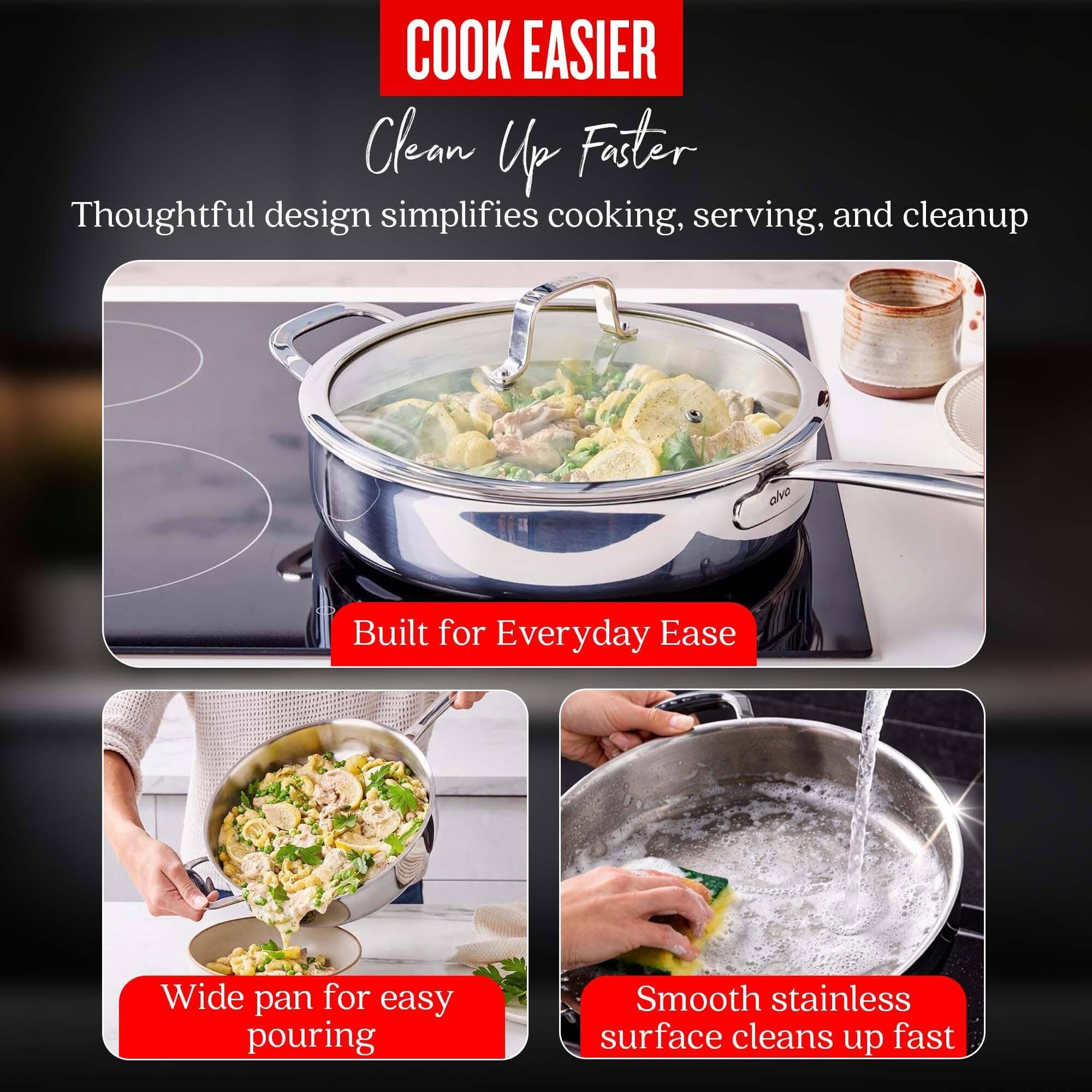 COOK EASIER  
Clean Up Faster  
Thoughtful design simplifies cooking, serving, and cleanup  

Built for Everyday Ease  
Wide pan for easy pouring  
Smooth stainless surface cleans up fast