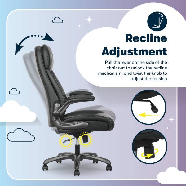 Recline Adjustment  
Pull the lever on the side of the chair out to unlock the recline mechanism, and twist the knob to adjust the tension.