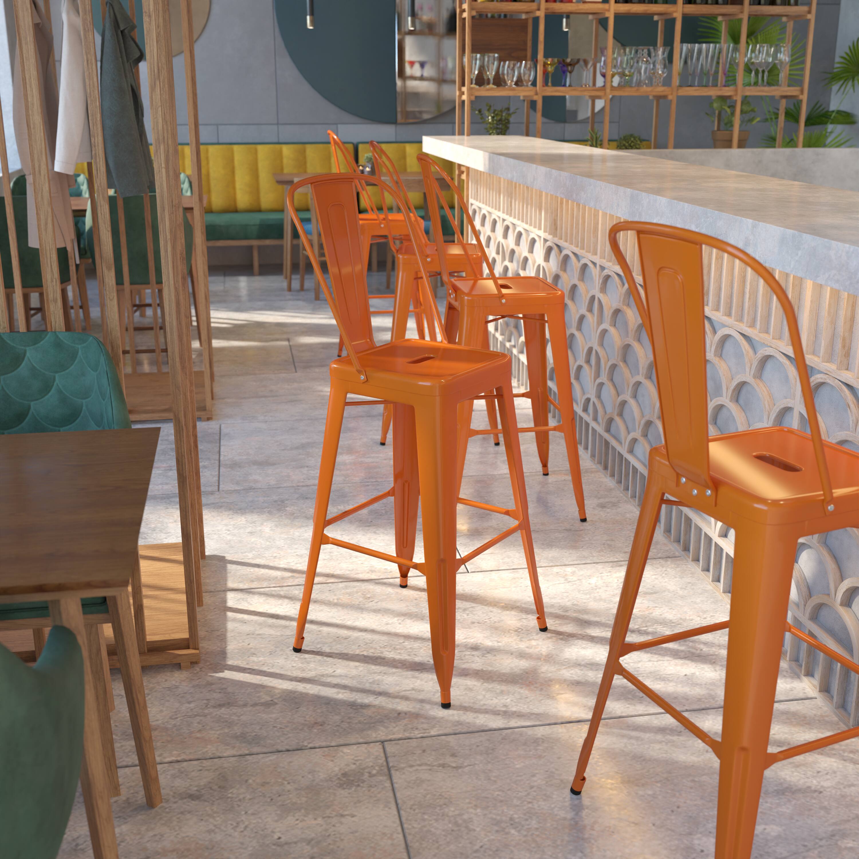 Alt View 1. Emma + Oliver - Commercial Grade 30"H Colorful Metal Indoor-Outdoor Barstool with Back - Orange.