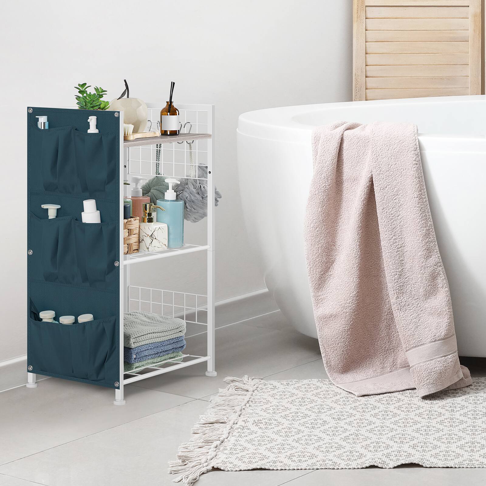 Alt View 2. Oumilen - 3-Tier Bathroom Storage Shelf with Fabric Side Pockets, Gray Wood Top - Gray.
