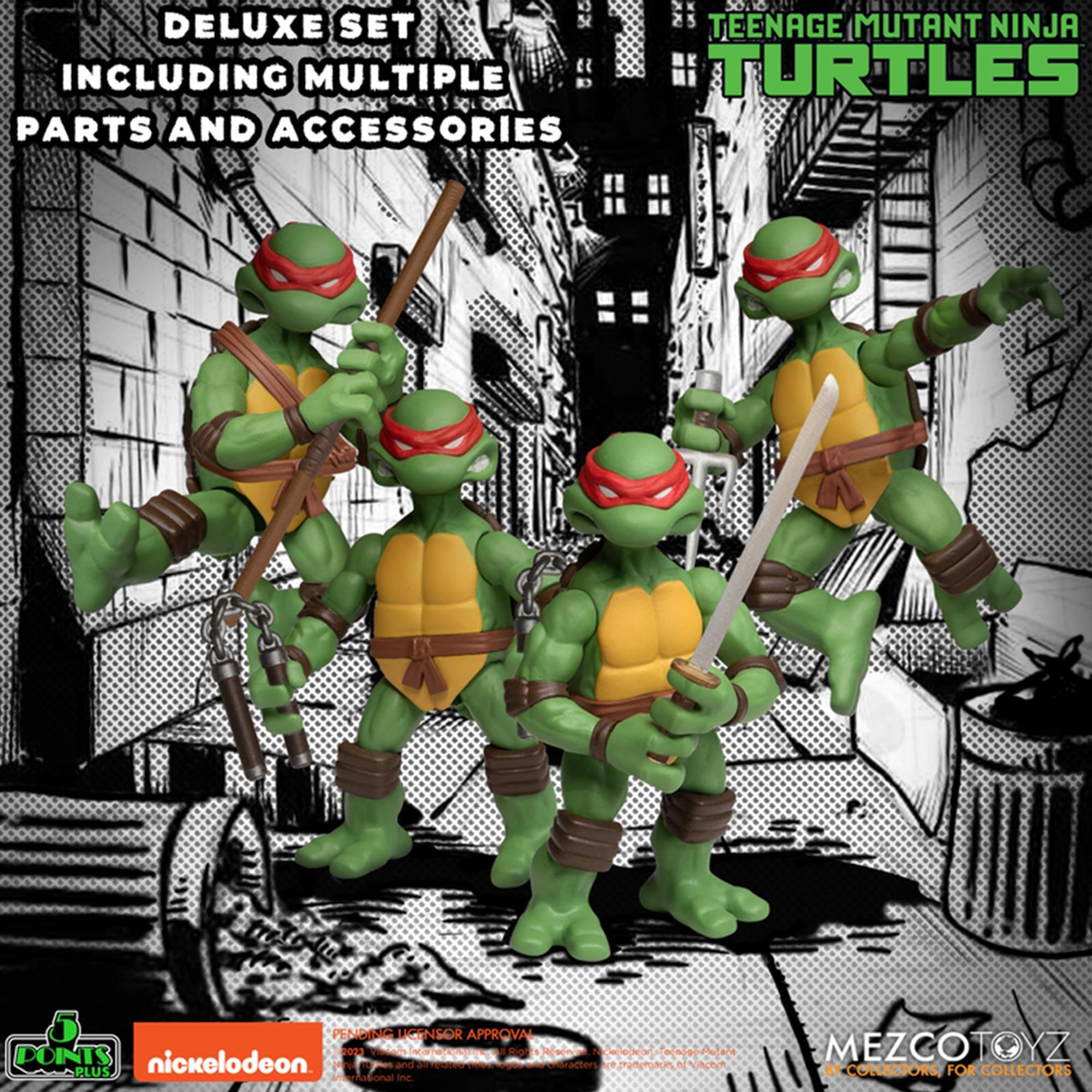 DELUXE SET TEENAGE MUTANT NINJA TURTLES INCLUDING MULTIPLE PARTS AND ACCESSORIES. PENDING LICENSOR APPROVAL. 2028 COUEA - BoT Ran dddea eNe Hala PLUS nickelodeon and 2 I eactors Iranynacn N VcR Aadioal i MEZCOTOYZ BY COLLECTORS, FOR COLLECTORS