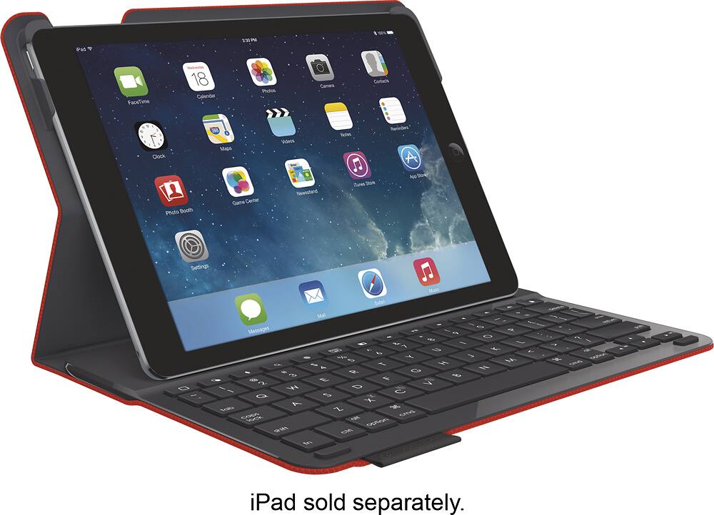 The image shows a tablet computer with a keyboard attached to it. The tablet is open and has a variety of apps displayed on its screen. These apps include FaceTime, Calendar, Photos, Camera, Contacts, Clock, Maps, Videos, Notes, Reminders, Photo Booth, Game Center, Newsstand, Tunes, and App Store. The tablet also has a settings app and a mail app. The keyboard is red and black, and it is attached to the tablet. The tablet is sold separately, as indicated by the text "iPad sold separately."