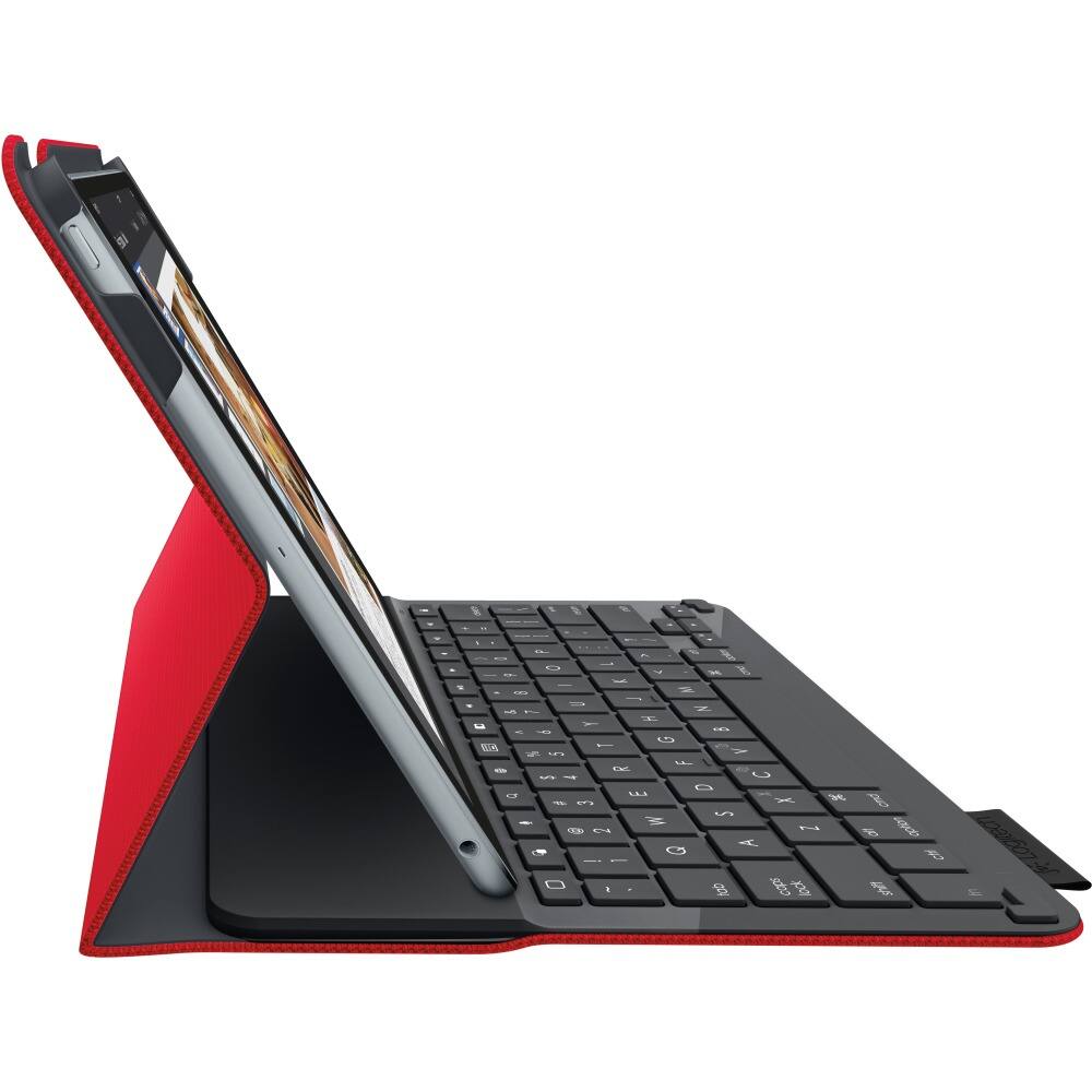 The image shows a black and red laptop computer with a red stand. The laptop is open and has a keyboard attached to it. The keyboard has a red stand that helps to elevate the laptop, making it more comfortable to use. The laptop is positioned on a white background, which highlights its colorful design.