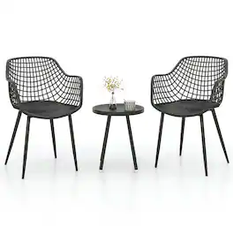 Pefilos - 3 Piece Patio Chair Set with PP Seat and Tabletop, Chair and Table with Reinforced Aluminum Metal Structure for Porch - Black