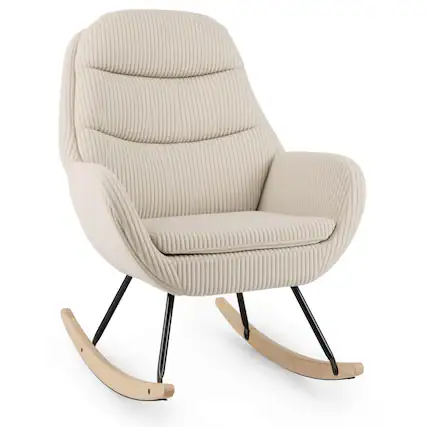 Front. Costway - Costway 1 PCS Upholstered Rocking Chair with Padded Backrest & Seat Rubber Wood Feet Metal Frame - Beige.