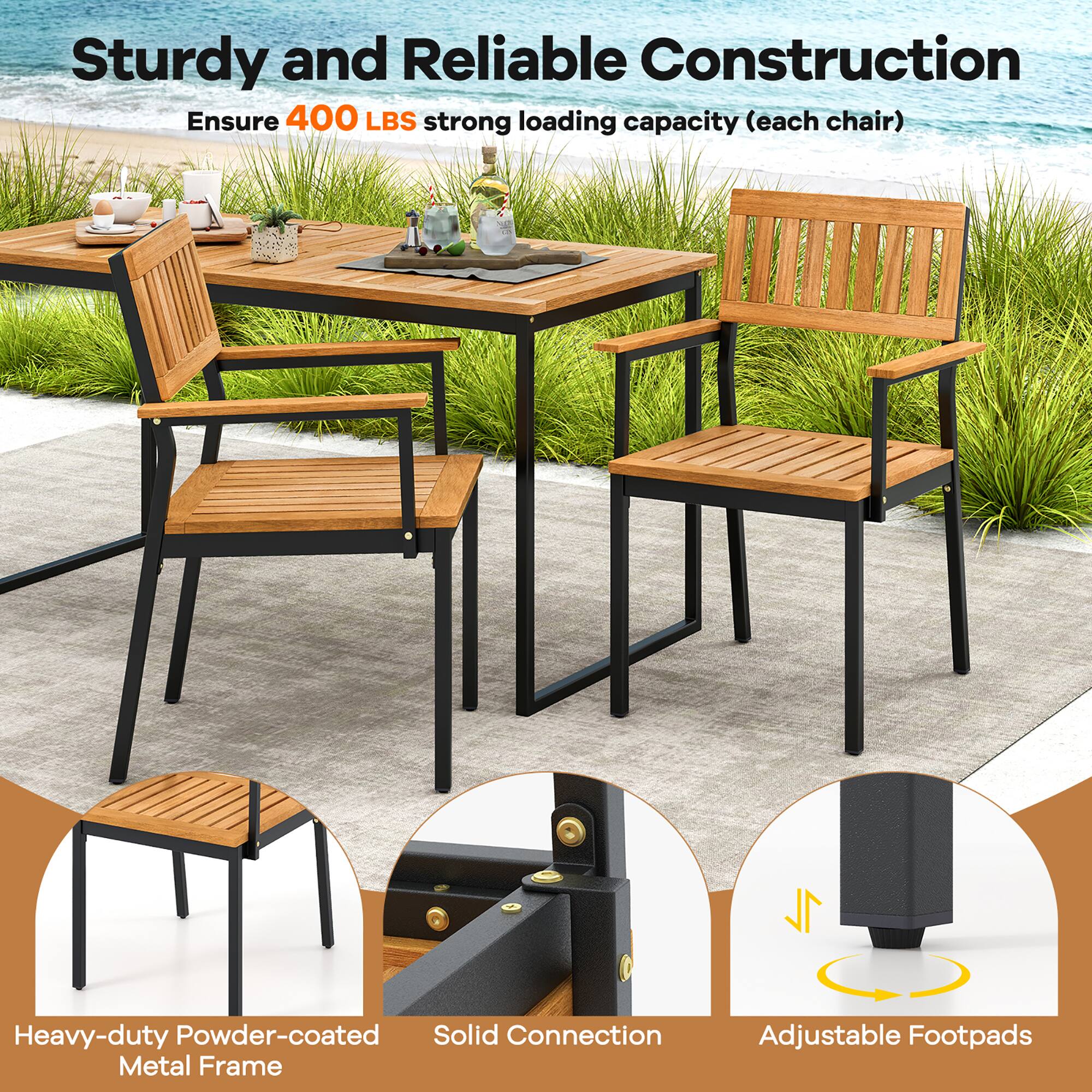 Sturdy and Reliable Construction  
Ensure 400 LBS strong loading capacity (each chair)  

Heavy-duty Powder-coated Metal Frame  
Solid Connection  
Adjustable Footpads