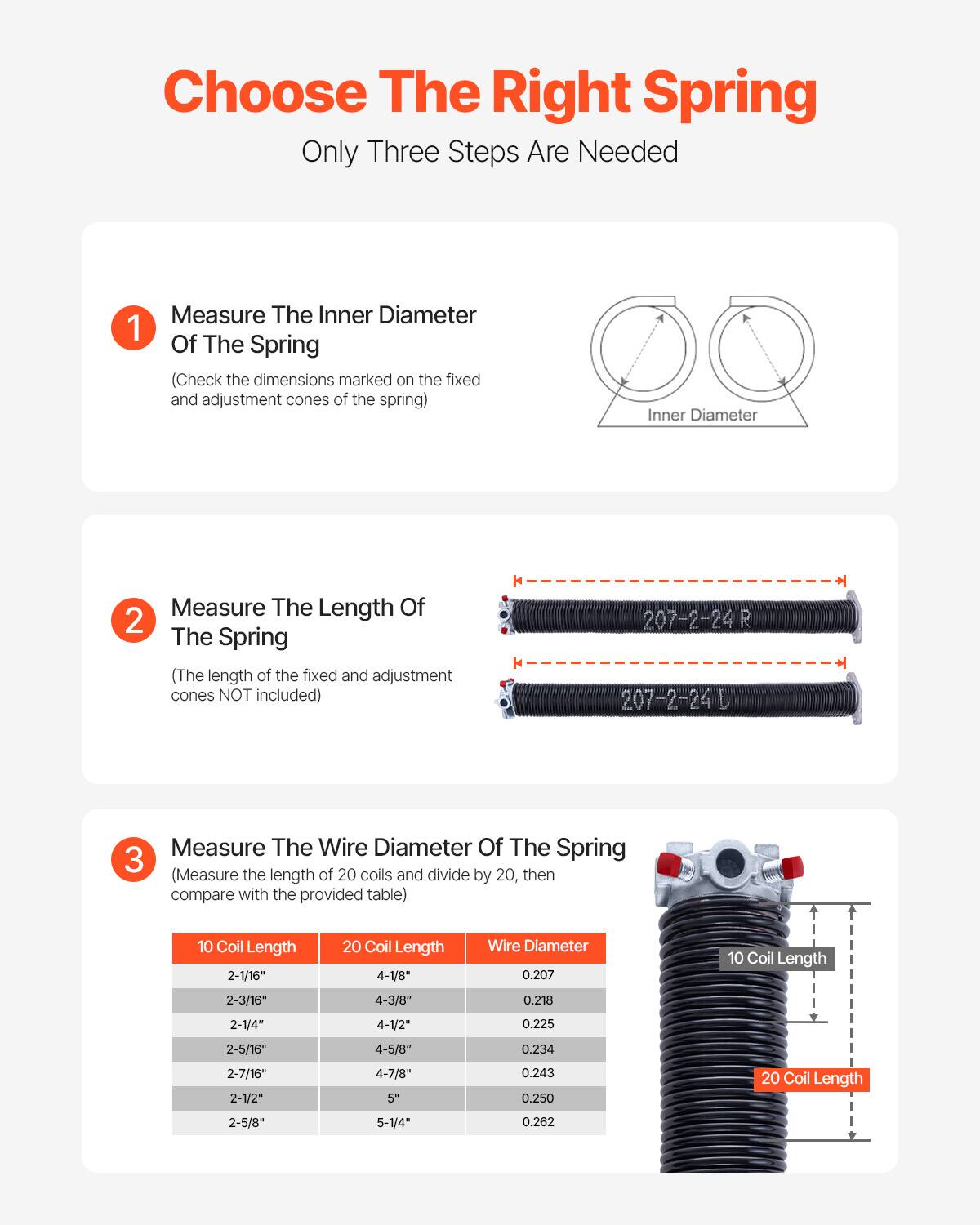 Choose The Right Spring  
Only Three Steps Are Needed  

1. Measure The Inner Diameter Of The Spring  
   (Check the dimensions marked on the fixed and adjustment cones of the spring)  

2. Measure The Length Of The Spring  
   (The length of the fixed and adjustment cones NOT included)  

3. Measure The Wire Diameter Of The Spring  
   (Measure the length of 20 coils and divide by 20, then compare with the provided table)  

| 10 Coil Length | 20 Coil Length | Wire Diameter |
|---------------|---------------|--------------|
| 2-1/16"        | 4-1/8"        | 0.207        |
| 2-3/16"        | 4-3/8"        | 0.218        |
| 2-1/4"         | 4-1/2"        | 0.225        |
| 2-5/16"        | 4-5/8"        | 0.234        |
| 2-7/16"        | 4-7/8"        | 0.243