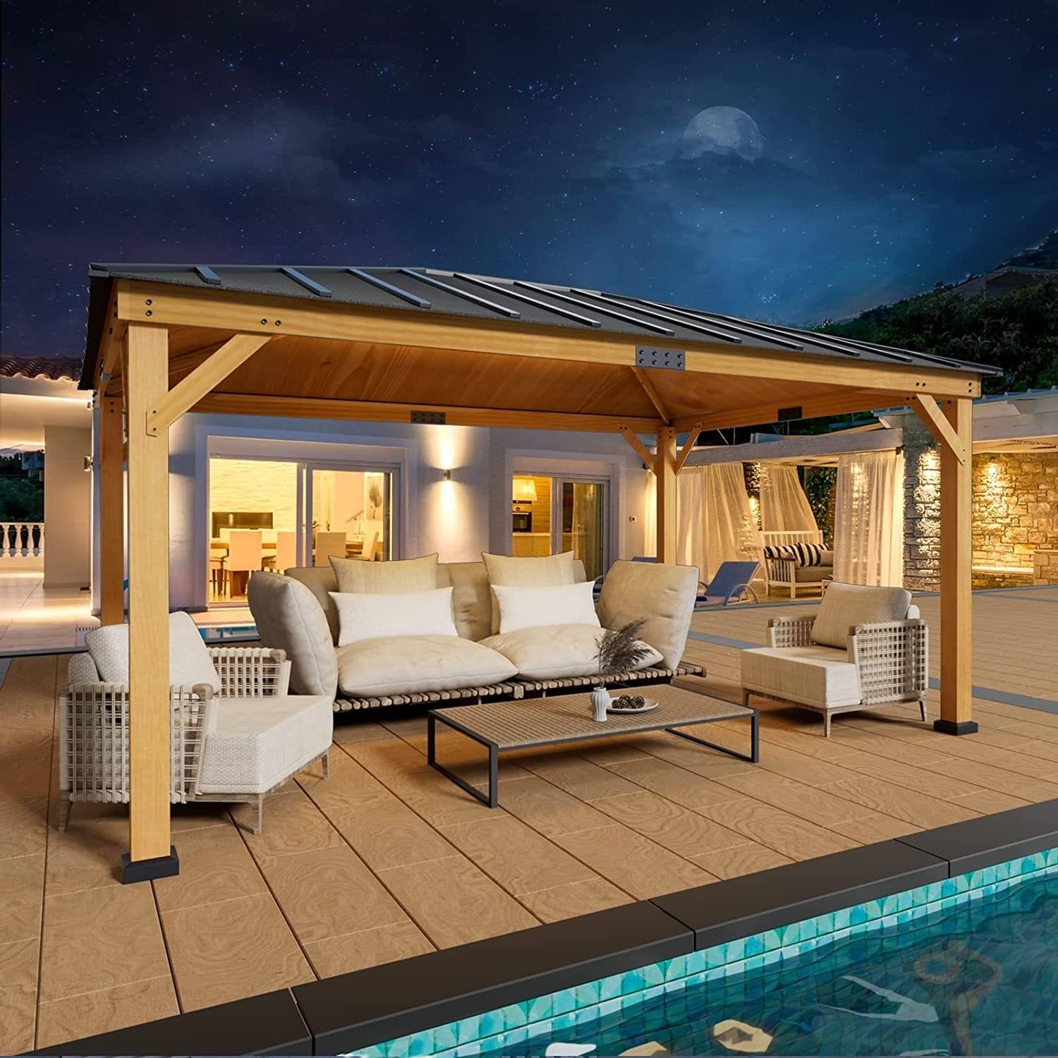 Angle. U-HOMY - Hardtop Spruce Wood Gazebo with Asphalt Roof, Outdoor All-Weather Pergola Shelter for Patio, Deck & Backyard - 12'x16'.