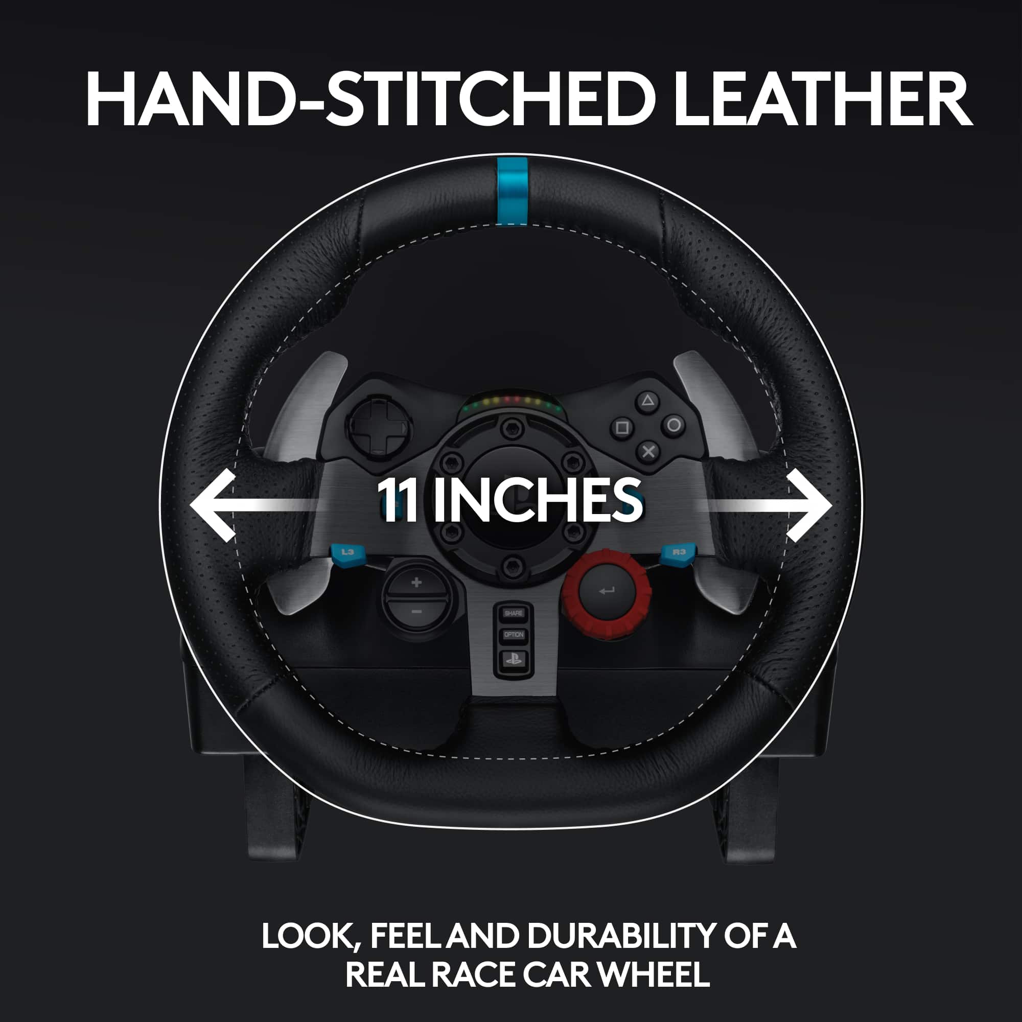Hand-stitched leather steering wheel with a diameter of 11 inches.