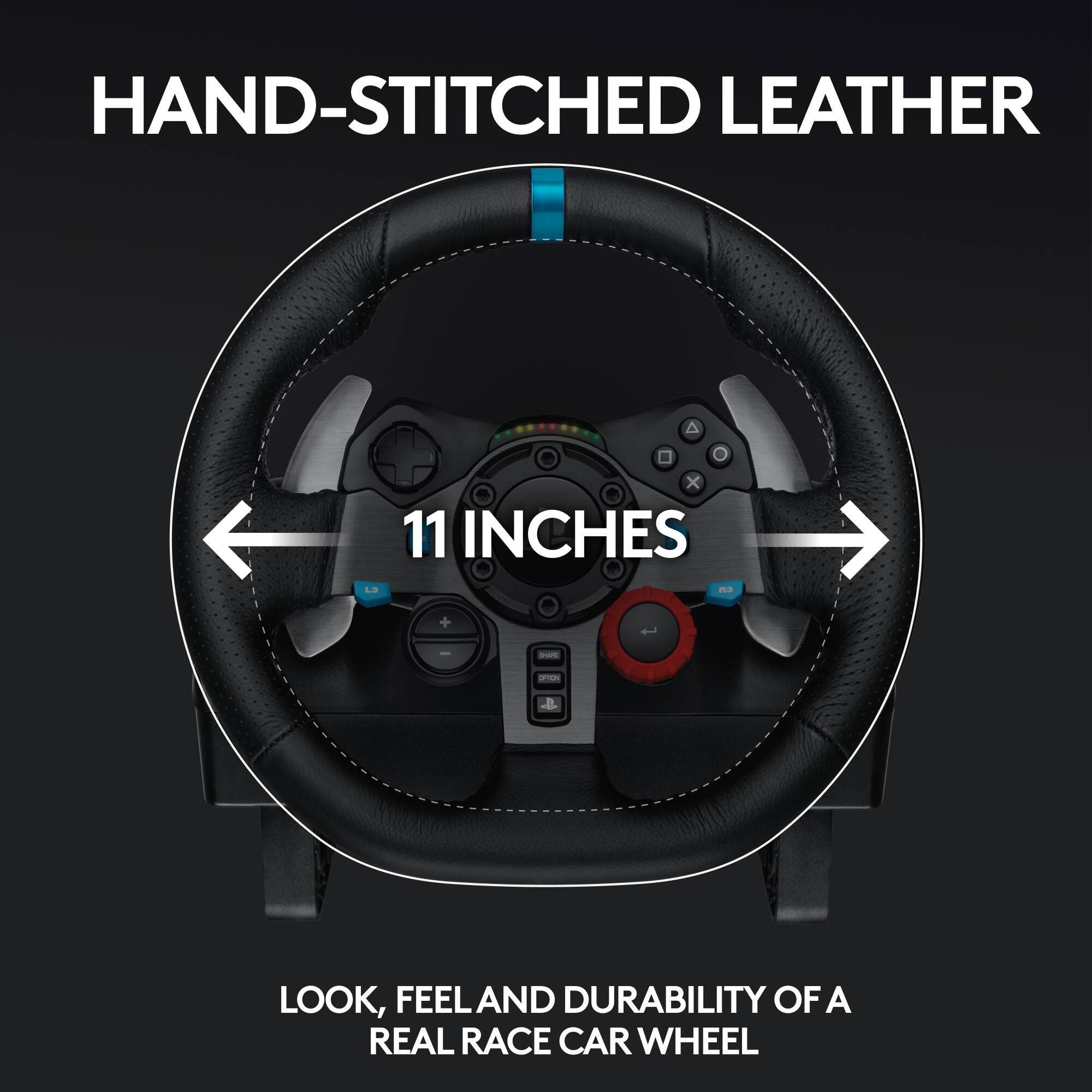 Hand-stitched leather steering wheel with a diameter of 11 inches.