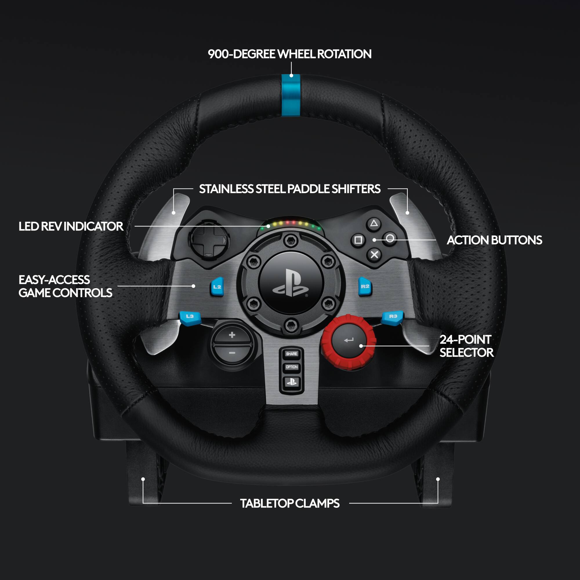 The text on the image is grouped and corrected as follows:

900-DEGREE WHEEL ROTATION STAINLESS STEEL PADDLE SHIFTERS LED REV INDICATOR x ACTION BUTTONS EASY-ACCESS GAME CONTROLS 24-POINT SELECTOR TABLETOP CLAMPS